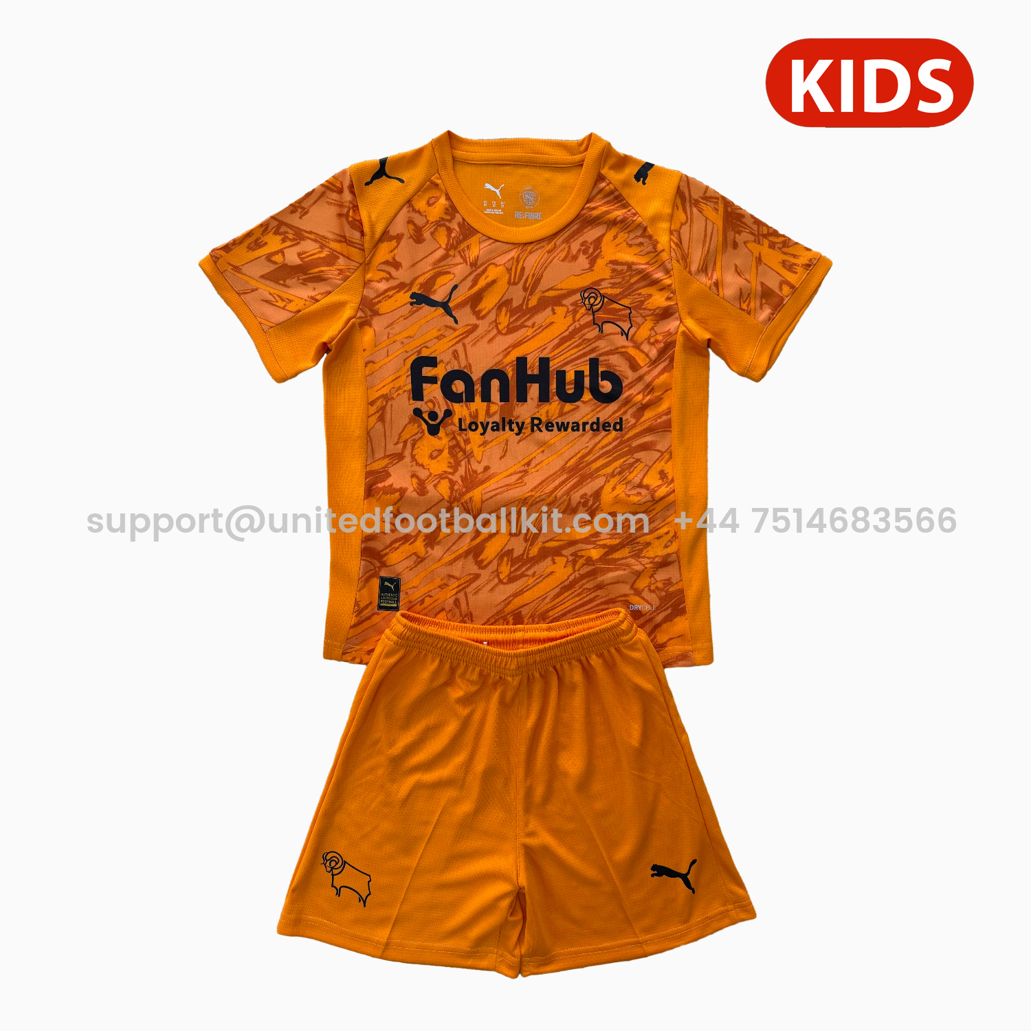Unitedfootballkit.com | Derby County 25-26 Orange Goalkeeper Kids Kit -Customize Name, Number and Patch | Worldwide Shipping