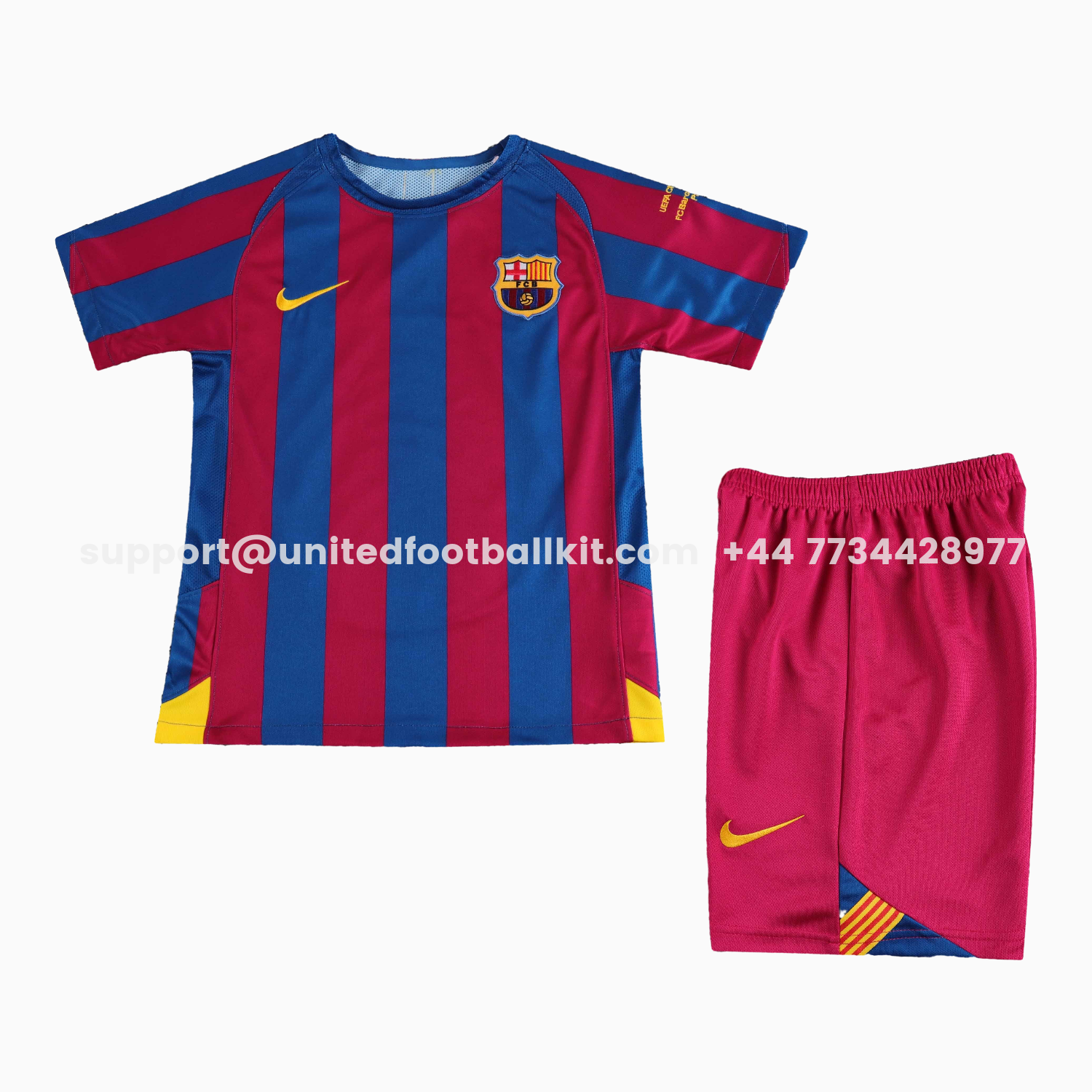 Unitedfootballkit.com | Retro Barcelona 2005-06 Home Stadium Kids Kit - Champions League Version -Customize Name, Number and Patch | Worldwide Shipping