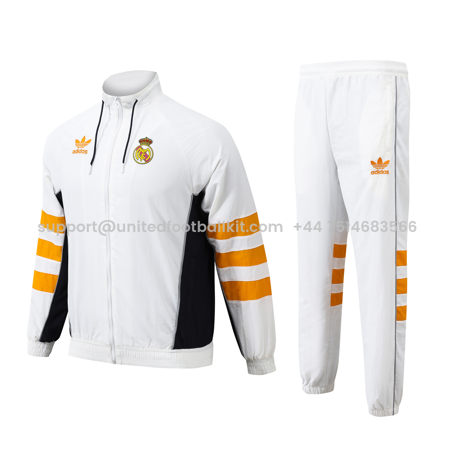 Unitedfootballkit.com | Real Madrid 24-25 Retro Style Player Windbreaker Jacket Suit - White & Orange -Customize Name, Number and Patch | Worldwide Shipping