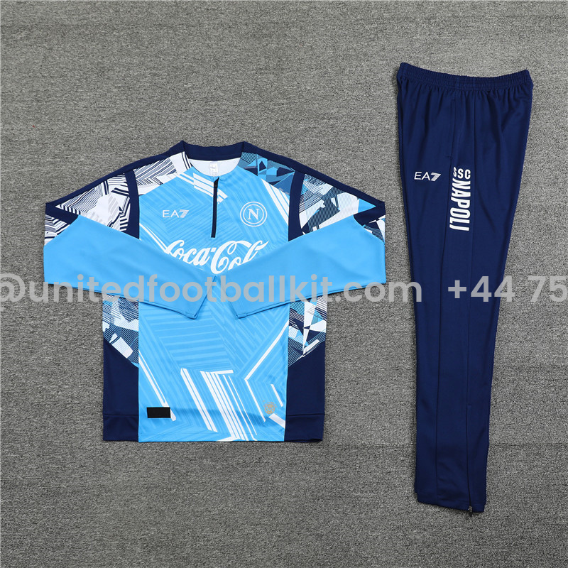 Unitedfootballkit.com | Napoli 24-25 Pre-Match Long Sleeve Training Set - Light Blue Top and Deep Blue Pants -Customize Name, Number and Patch | Worldwide Shipping