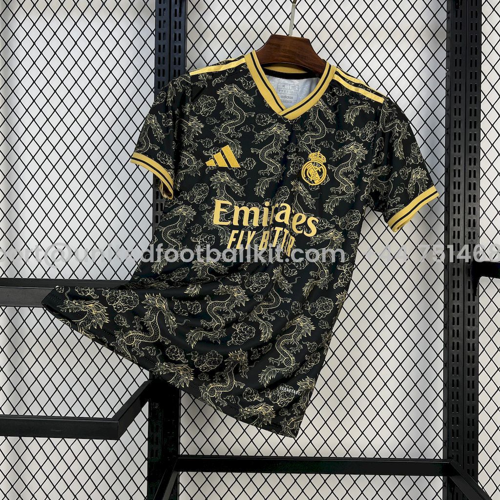 Unitedfootballkit.com | Real Madrid 25-26 Golden Chinese Dragon Pattern Black Jersey - Fans Version -Customize Name, Number and Patch | Worldwide Shipping