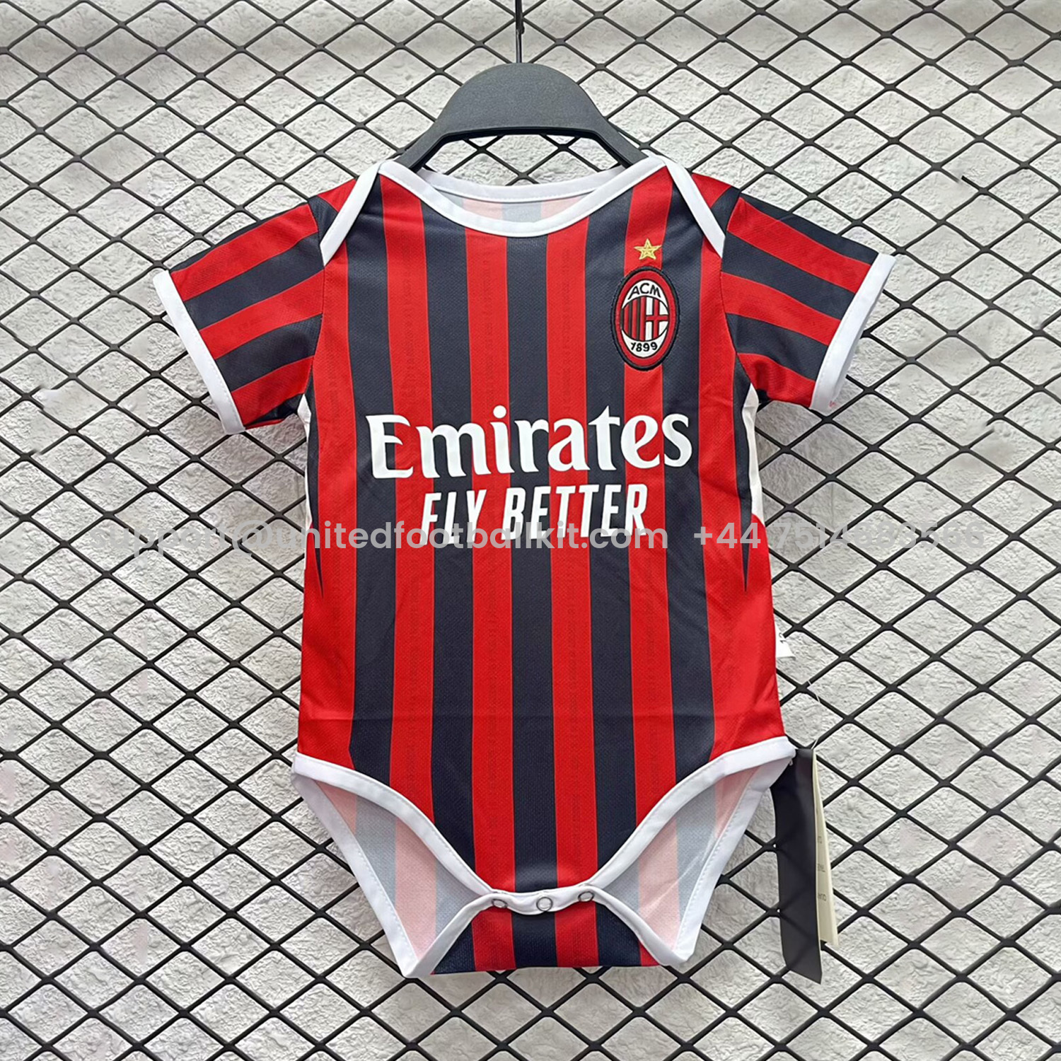 Unitedfootballkit.com | AC Milan 24-25 Home Baby Crawling Suit -Customize Name, Number and Patch | Worldwide Shipping