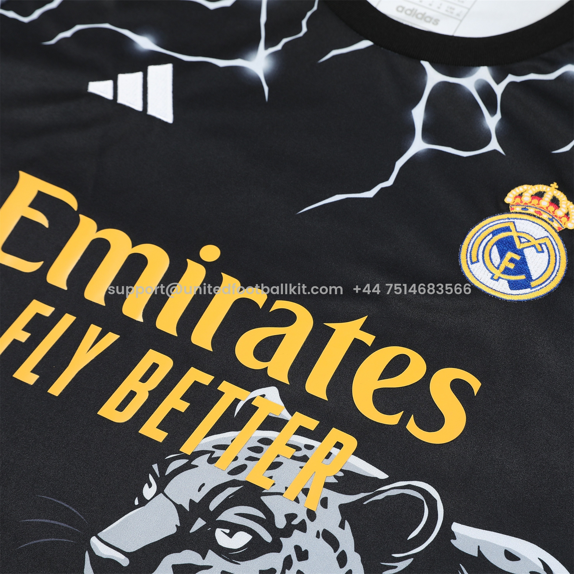 Unitedfootballkit.com | Real Madrid 24-25 Short-Sleeve Training Set - White Leopard Top & Black Shorts -Customize Name, Number and Patch | Worldwide Shipping