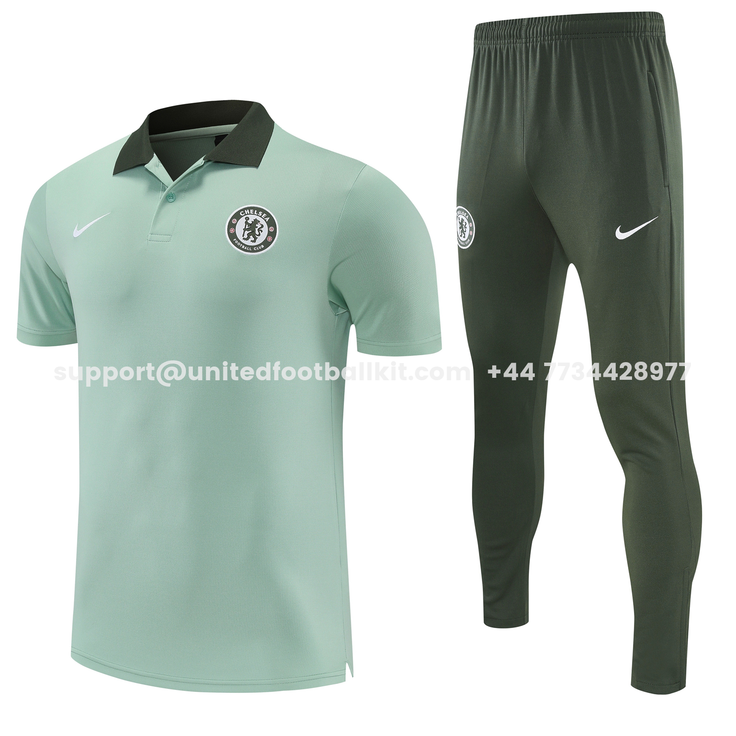 Unitedfootballkit.com | C.H.E.L.S.E.A 25-26 POLO Short-Sleeve Training Set - Light Green Top and Dark Green Pants -Customize Name, Number and Patch | Worldwide Shipping