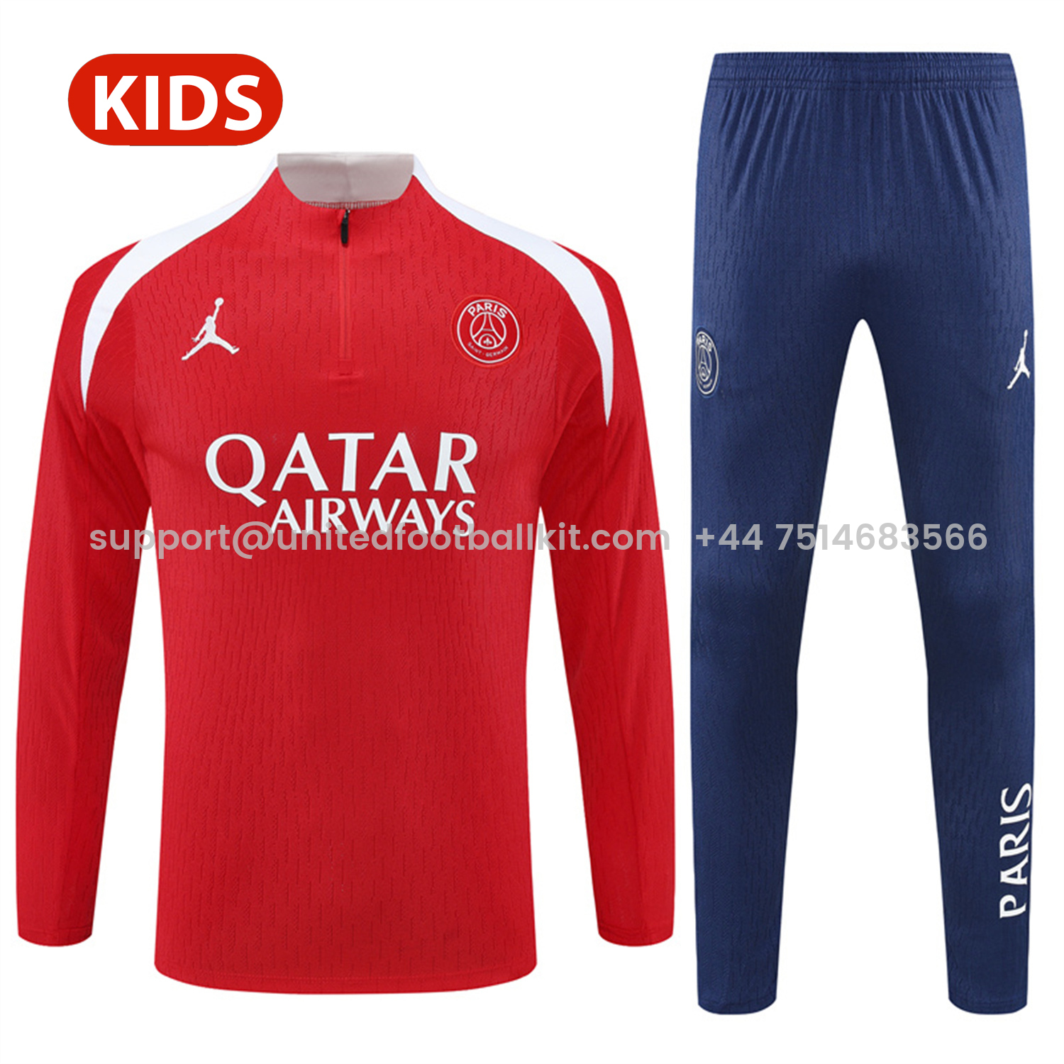 Unitedfootballkit.com | Paris Saint-Germain PSG 25-26 Kid Long Sleeves Training Set - Red Top & Royal Blue Pants -Customize Name, Number and Patch | Worldwide Shipping