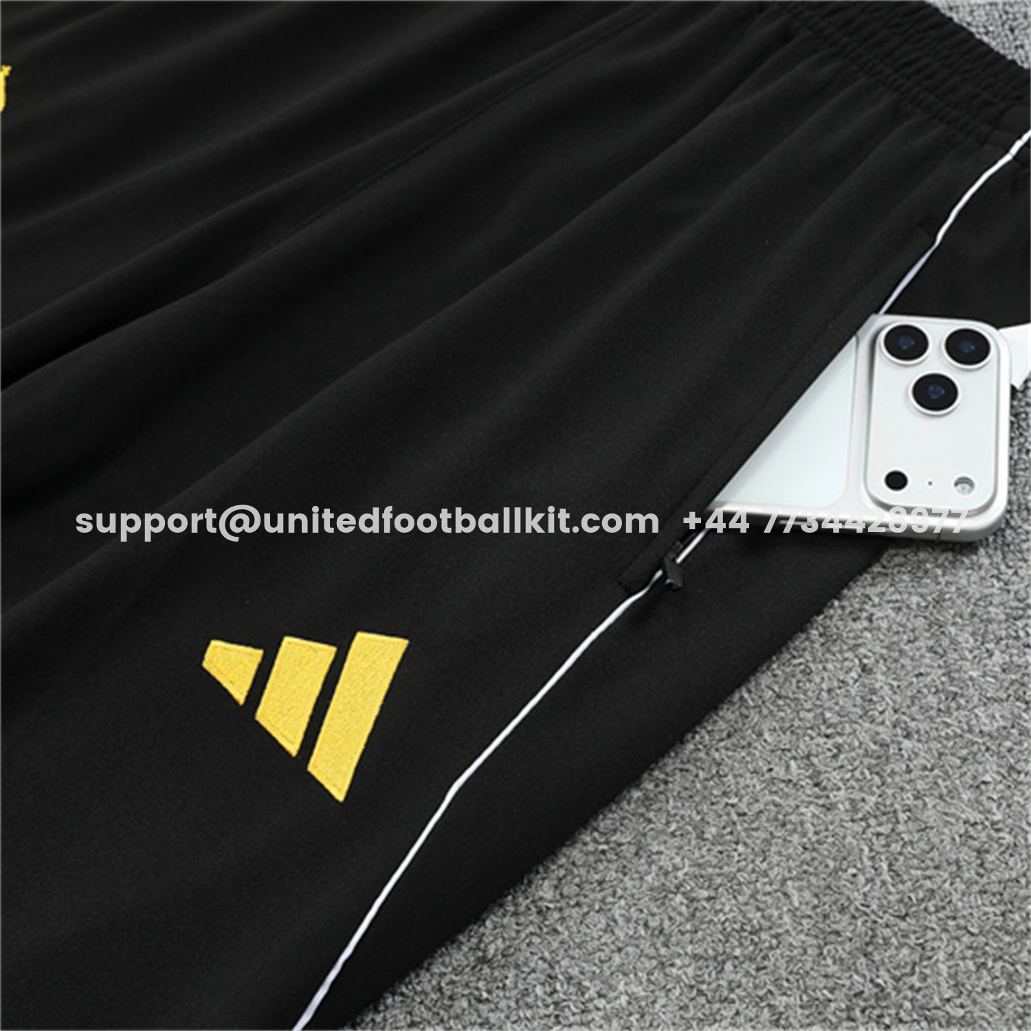 Unitedfootballkit.com | Real Madrid 25-26 Kids Long Sleeve Training Set - White Top & Black Pants -Customize Name, Number and Patch | Worldwide Shipping