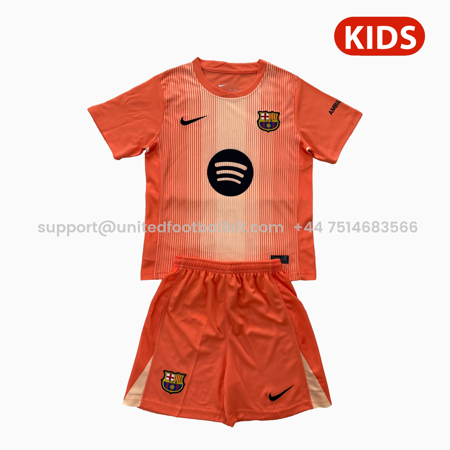 Unitedfootballkit.com | Barcelona 25-26 Orange Goalkeeper Kids Kit -Customize Name, Number and Patch | Worldwide Shipping