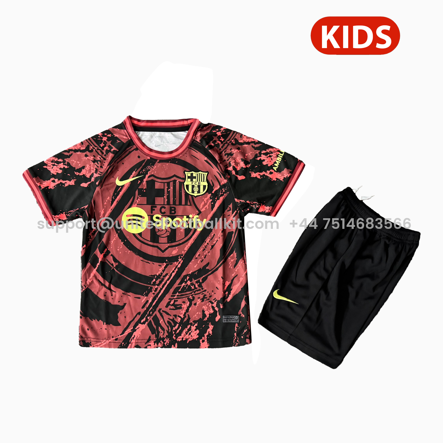 Unitedfootballkit.com | Barcelona 25-26 Big Logo Red Black Special Kids Kit -Customize Name, Number and Patch | Worldwide Shipping