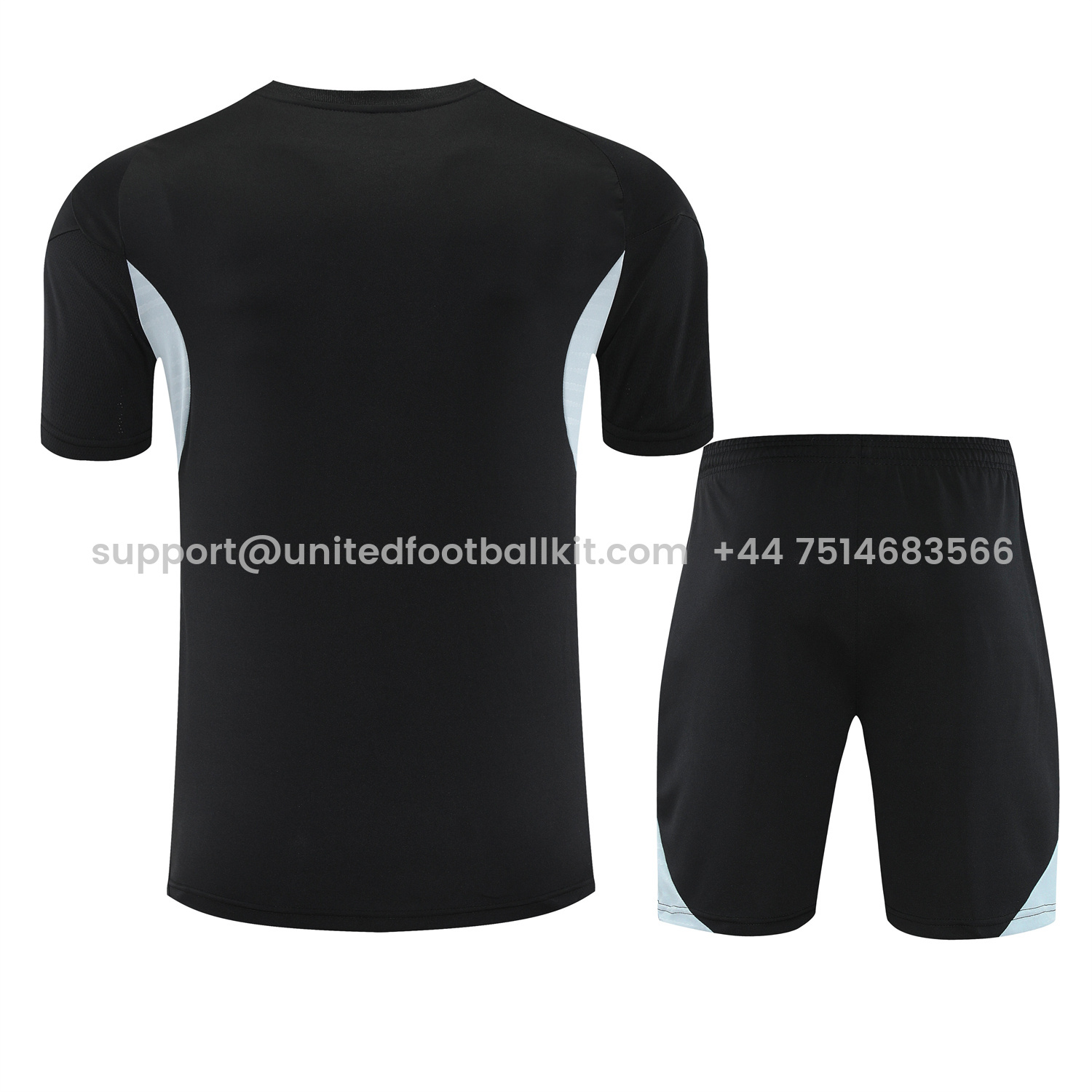 Unitedfootballkit.com | Real Madrid 25-26 Short-Sleeve Training Set - Light Grey Stripes Black Top & Black Shorts -Customize Name, Number and Patch | Worldwide Shipping