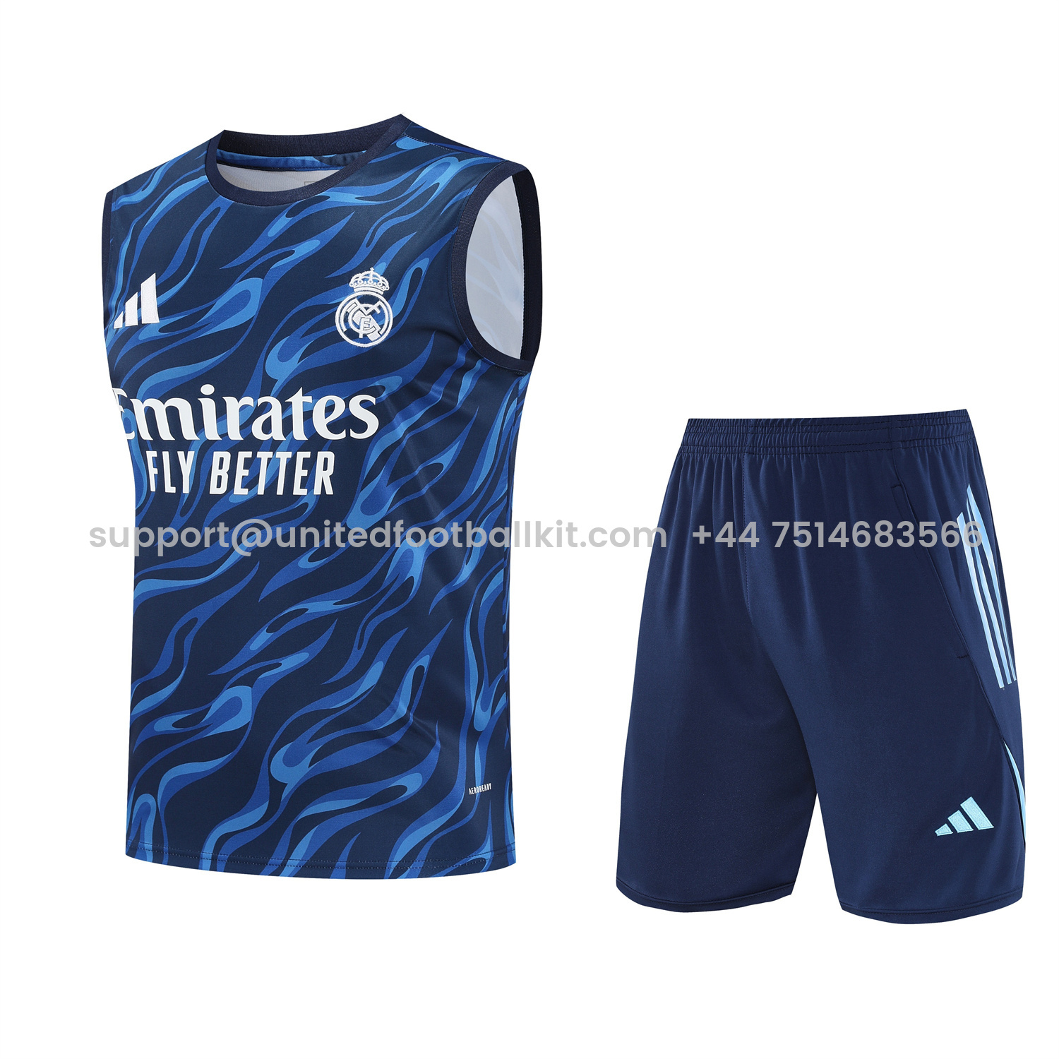 Unitedfootballkit.com | Real Madrid 25-26 Vest Training Set - Blue Water Pattern Top & Deep Blue Shorts -Customize Name, Number and Patch | Worldwide Shipping