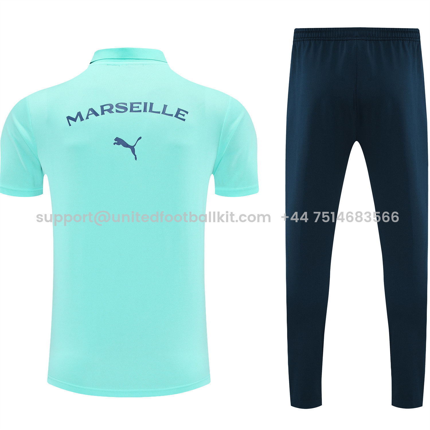 Unitedfootballkit.com | Marseille 25-26 POLO Short-Sleeve Training Set - Cyan Top and Deep Blue Pants -Customize Name, Number and Patch | Worldwide Shipping