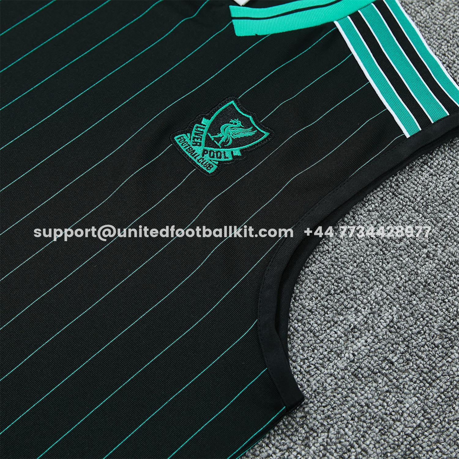 Unitedfootballkit.com | Liver.pool 25-26 Retro Style Vest Training Set - Black With Turquoise Stripes Top & Pants -Customize Name, Number and Patch | Worldwide Shipping