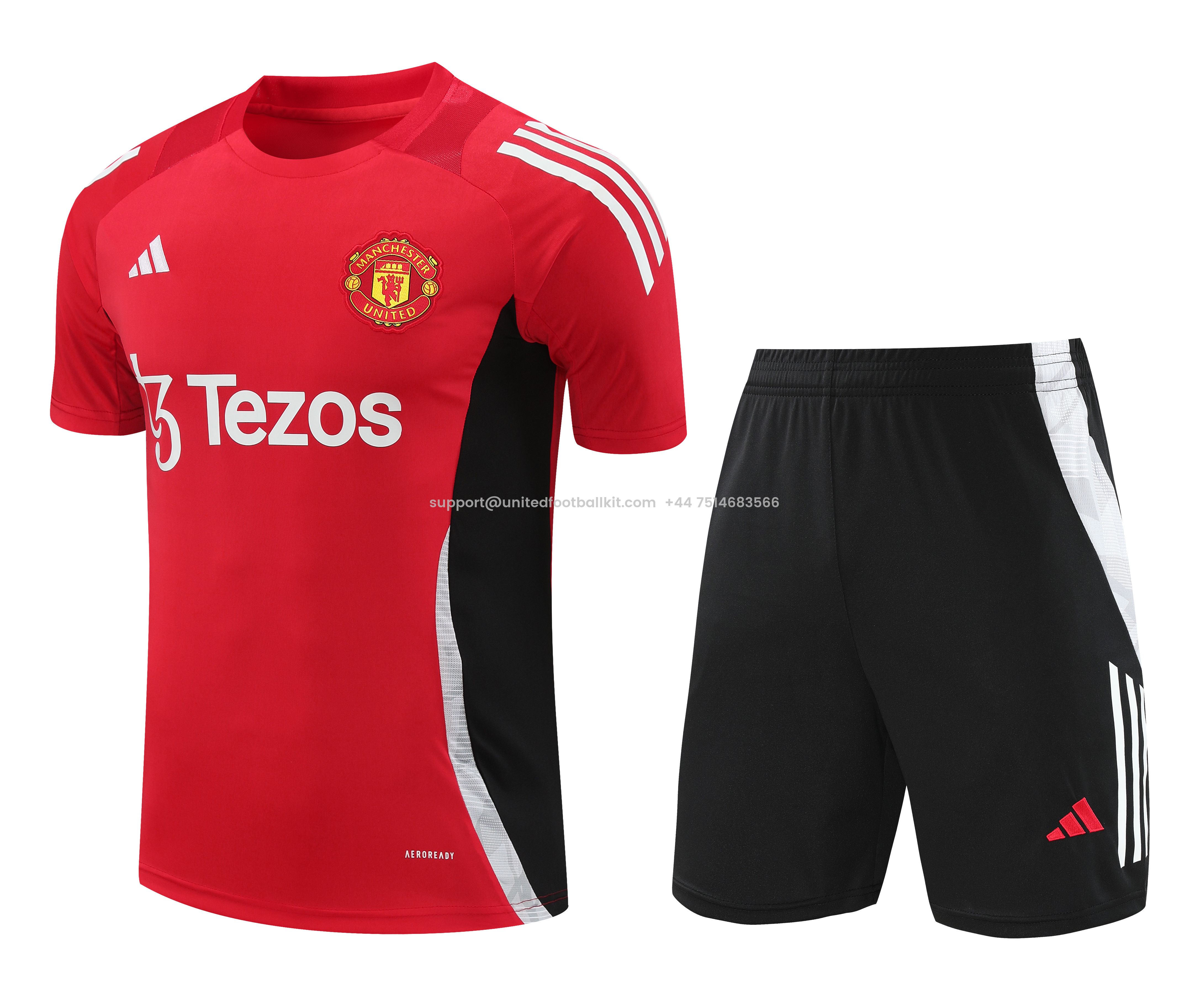 Unitedfootballkit.com | Manchester United 24-25 Short-Sleeve Training Set - Red Top and Black Shorts -Customize Name, Number and Patch | Worldwide Shipping