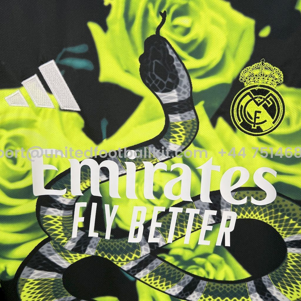 Unitedfootballkit.com | Real Madrid 25-26 Snake and Green Flowers Black Jersey - Fans Version -Customize Name, Number and Patch | Worldwide Shipping