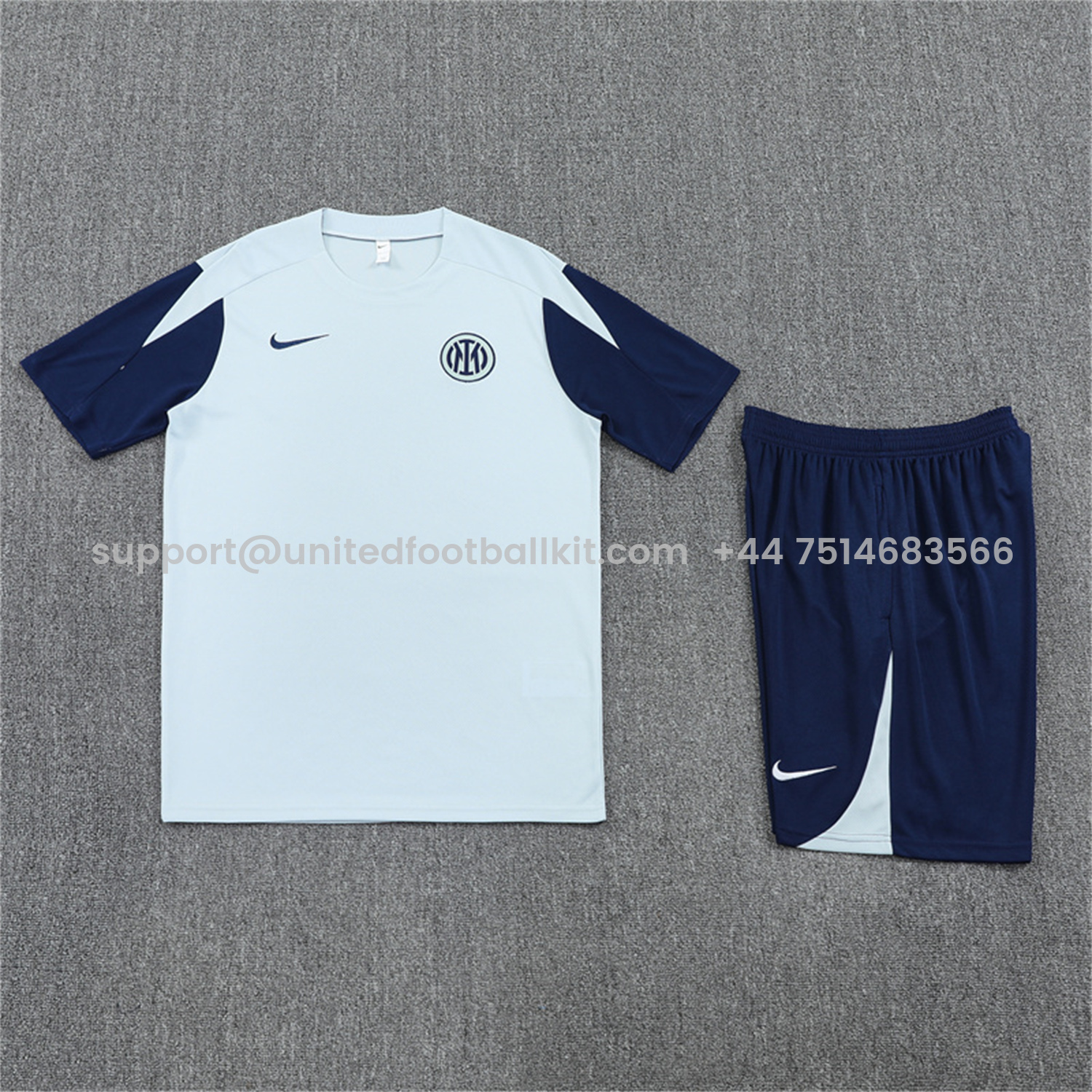 Unitedfootballkit.com | Inter Milan 25-26 Short-Sleeve Kids Training Set - Light Grey Top & Blue Shorts -Customize Name, Number and Patch | Worldwide Shipping