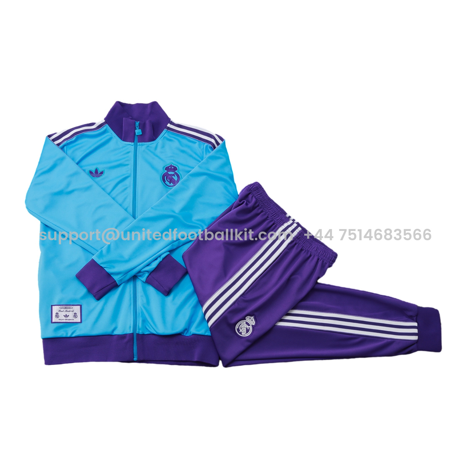 Unitedfootballkit.com | Real Madrid 25-26 Throwback Trefoil Jacket Training Tracksuit - Blue Jackets & Purple Pants -Customize Name, Number and Patch | Worldwide Shipping