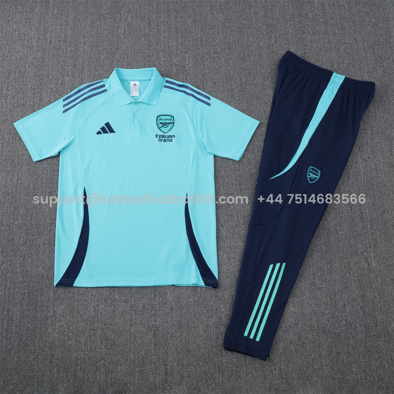 Unitedfootballkit.com | Arsenal 25-26 POLO Short-Sleeve Training Set - Cyan Top and Deep Blue Pants -Customize Name, Number and Patch | Worldwide Shipping