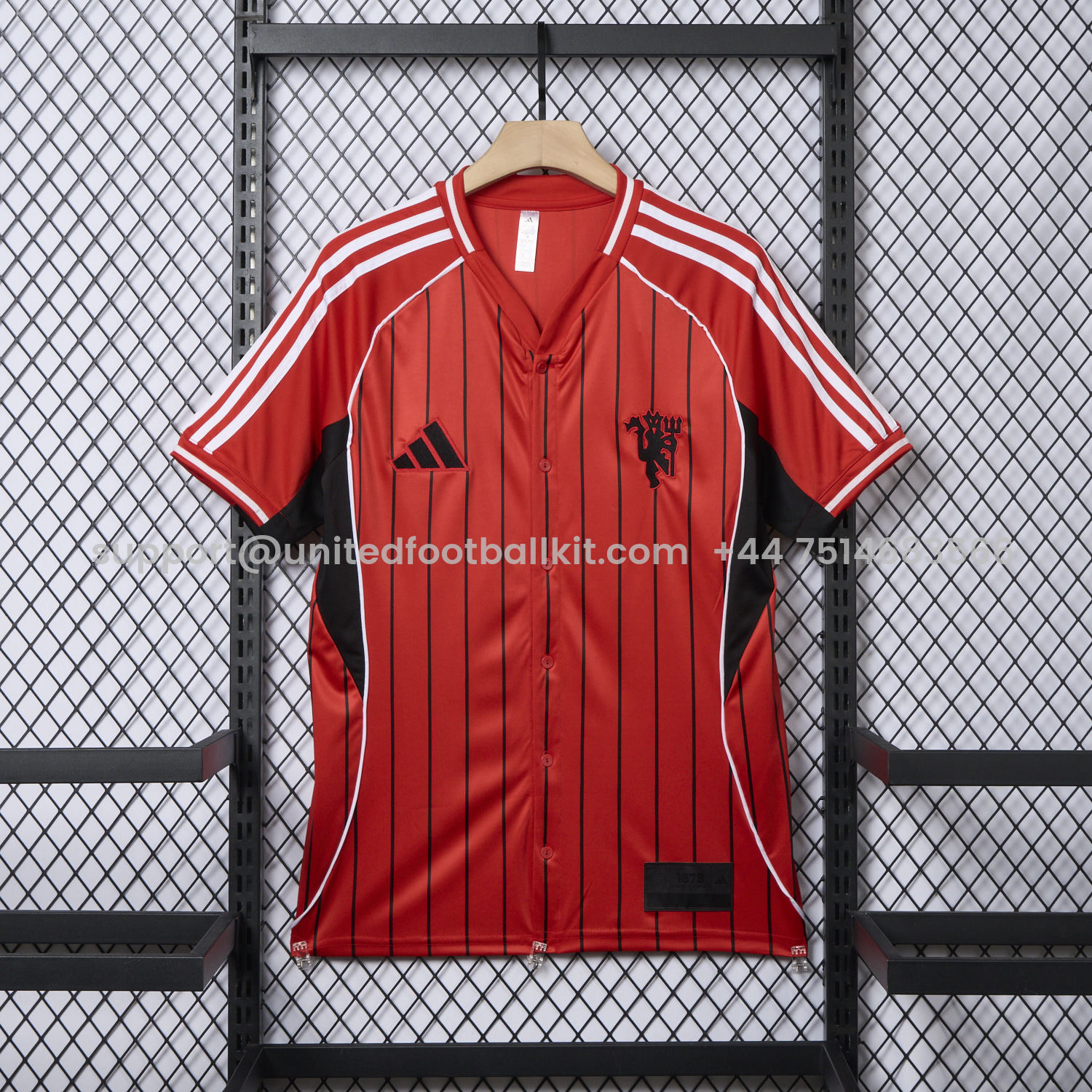 Unitedfootballkit.com | Manchester United 25-26 Red Baseball Jersey with Black Stripes -Customize Name, Number and Patch | Worldwide Shipping