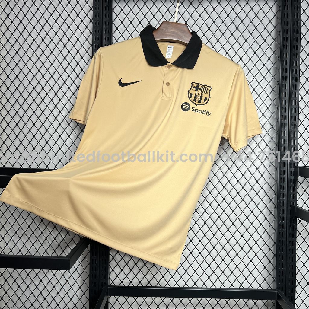Unitedfootballkit.com | Barcelona 24-25 Gold Polo Shirt - Fans Version -Customize Name, Number and Patch | Worldwide Shipping