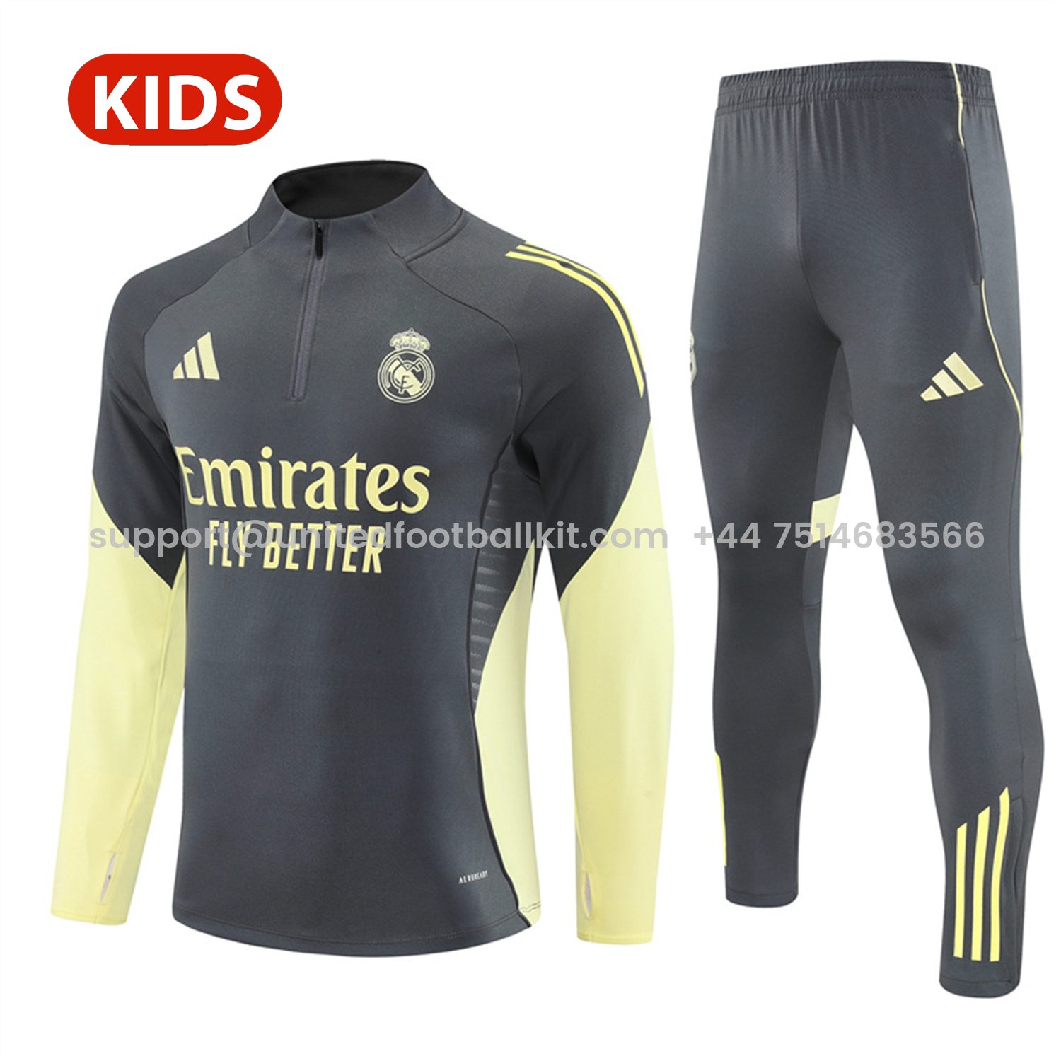 Unitedfootballkit.com | Real Madrid 25-26 Kid Long Sleeves Training Set - Gray Top & Gray Pants -Customize Name, Number and Patch | Worldwide Shipping