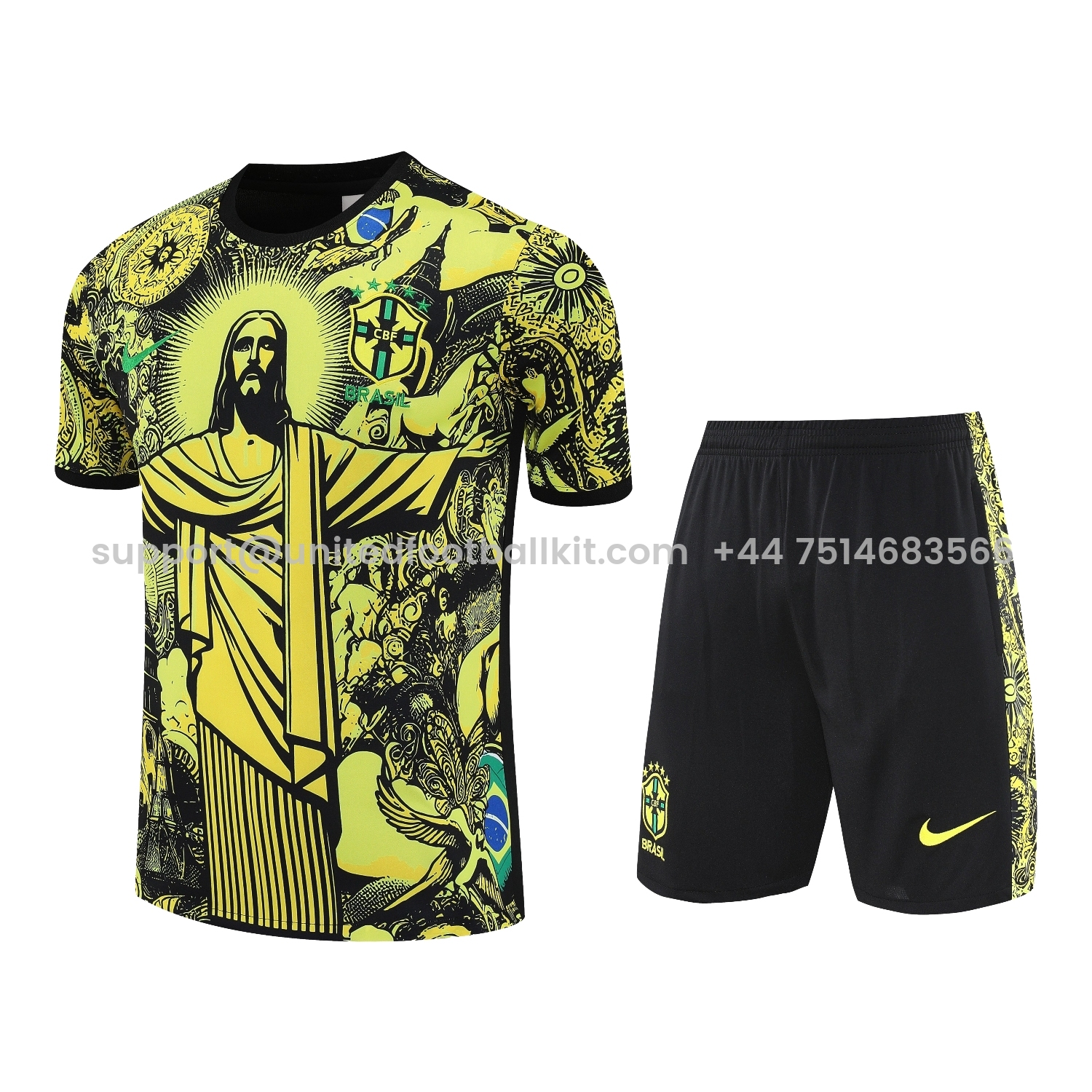 Unitedfootballkit.com | Brazil 25-26 Yellow Jesus Statue Short-Sleeve Training Set - Yellow Top & Black Shorts -Customize Name, Number and Patch | Worldwide Shipping
