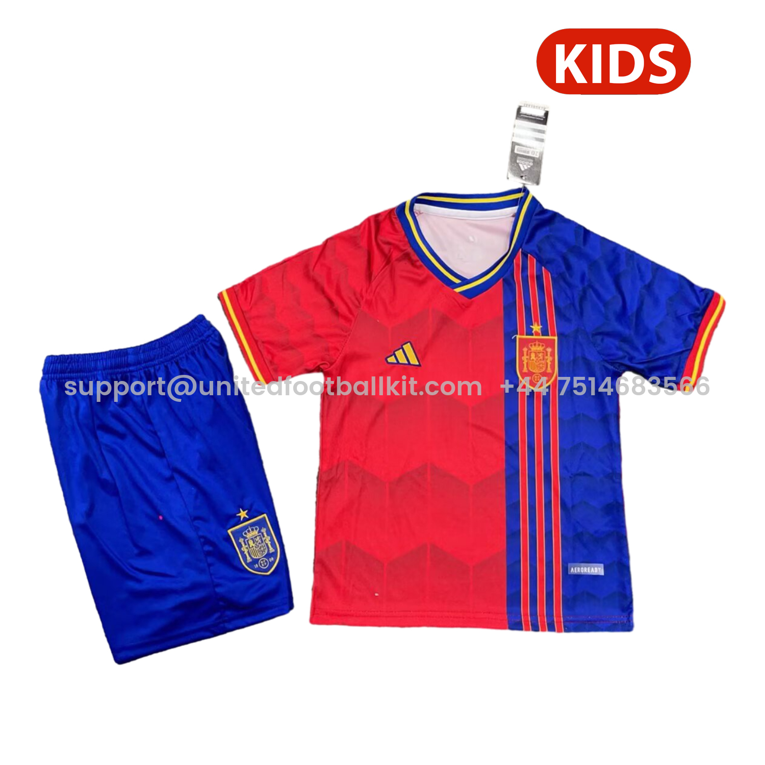 Unitedfootballkit.com | Spain 2025 2025 Red And Blue Special Edition Kids Kit -Customize Name, Number and Patch | Worldwide Shipping