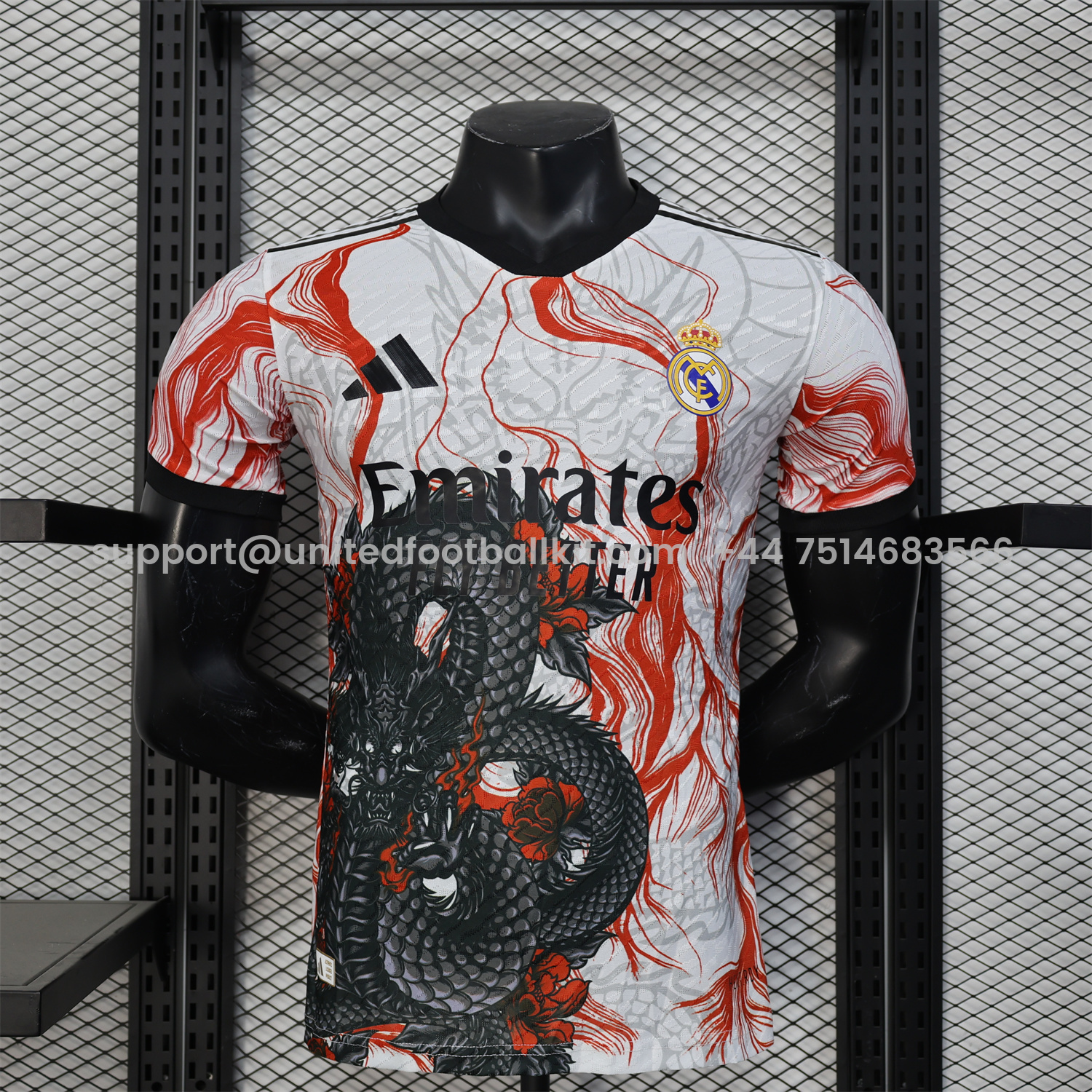 Unitedfootballkit.com | Real Madrid 24-25 Black & Red Loong White Jersey - Player Version -Customize Name, Number and Patch | Worldwide Shipping