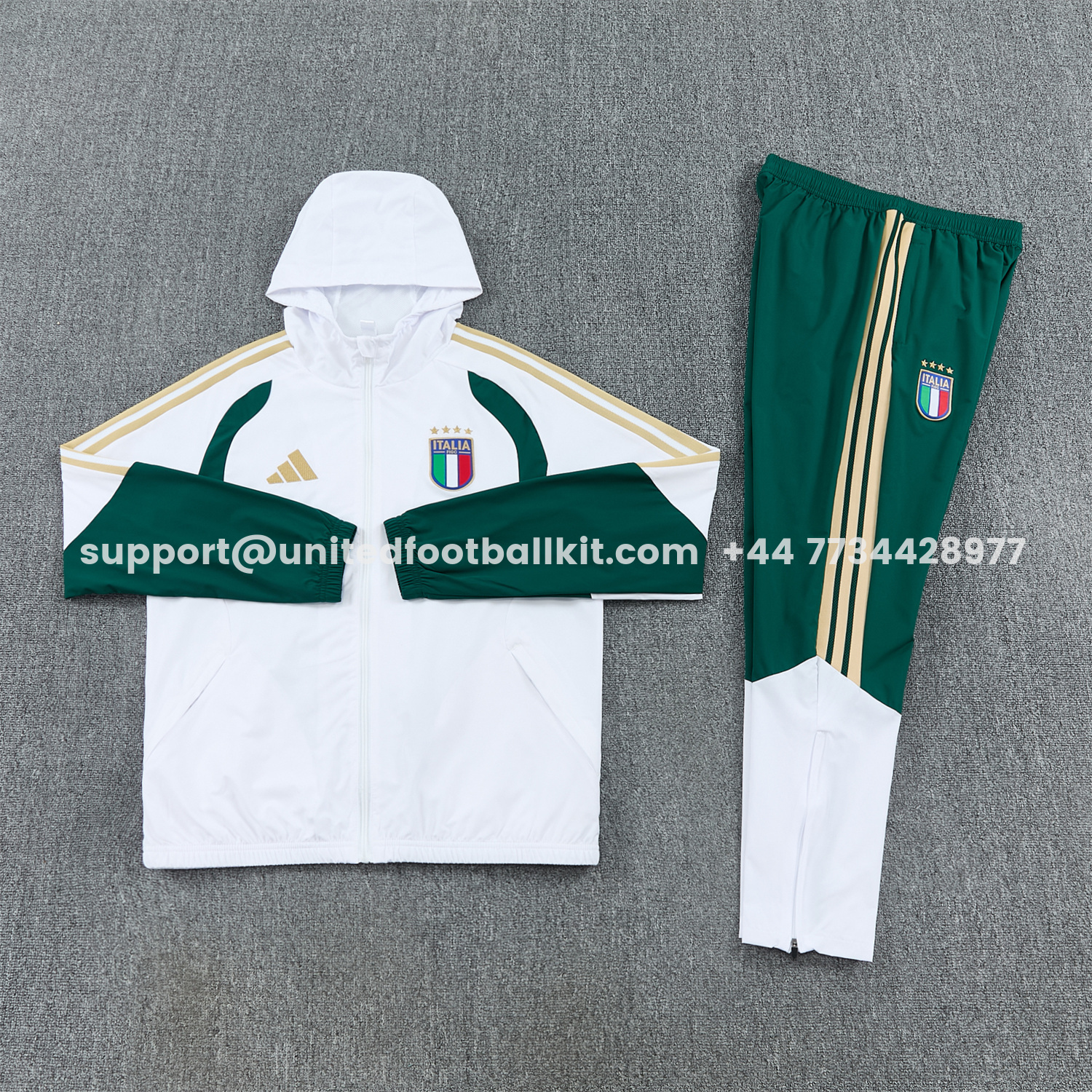 Unitedfootballkit.com | Italy 2026 Hooded Windbreaker Training Set - White Top & Green Pants -Customize Name, Number and Patch | Worldwide Shipping