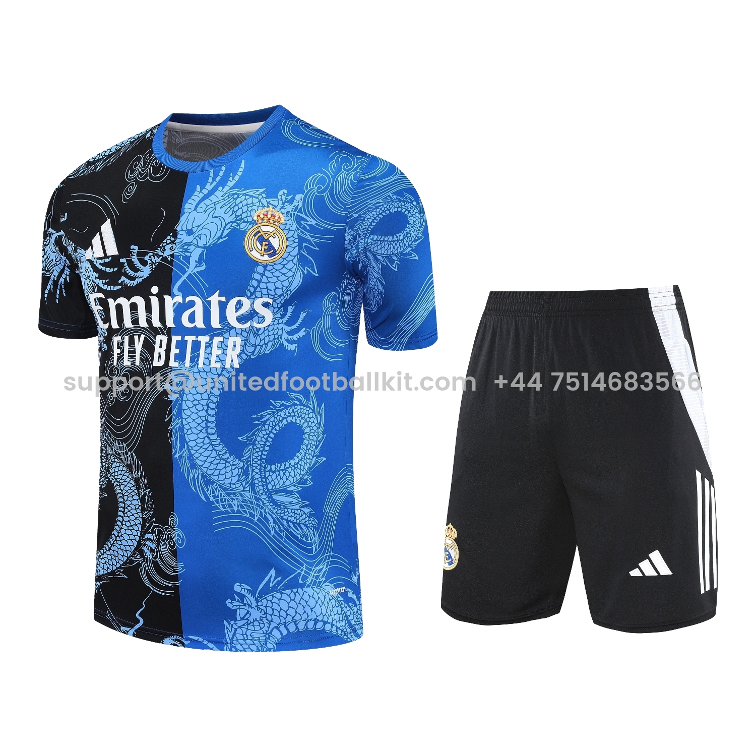 Unitedfootballkit.com | Real Madrid 25-26 Short-Sleeve Training Set - Blue Black Dragon Top & Black-White Shorts -Customize Name, Number and Patch | Worldwide Shipping