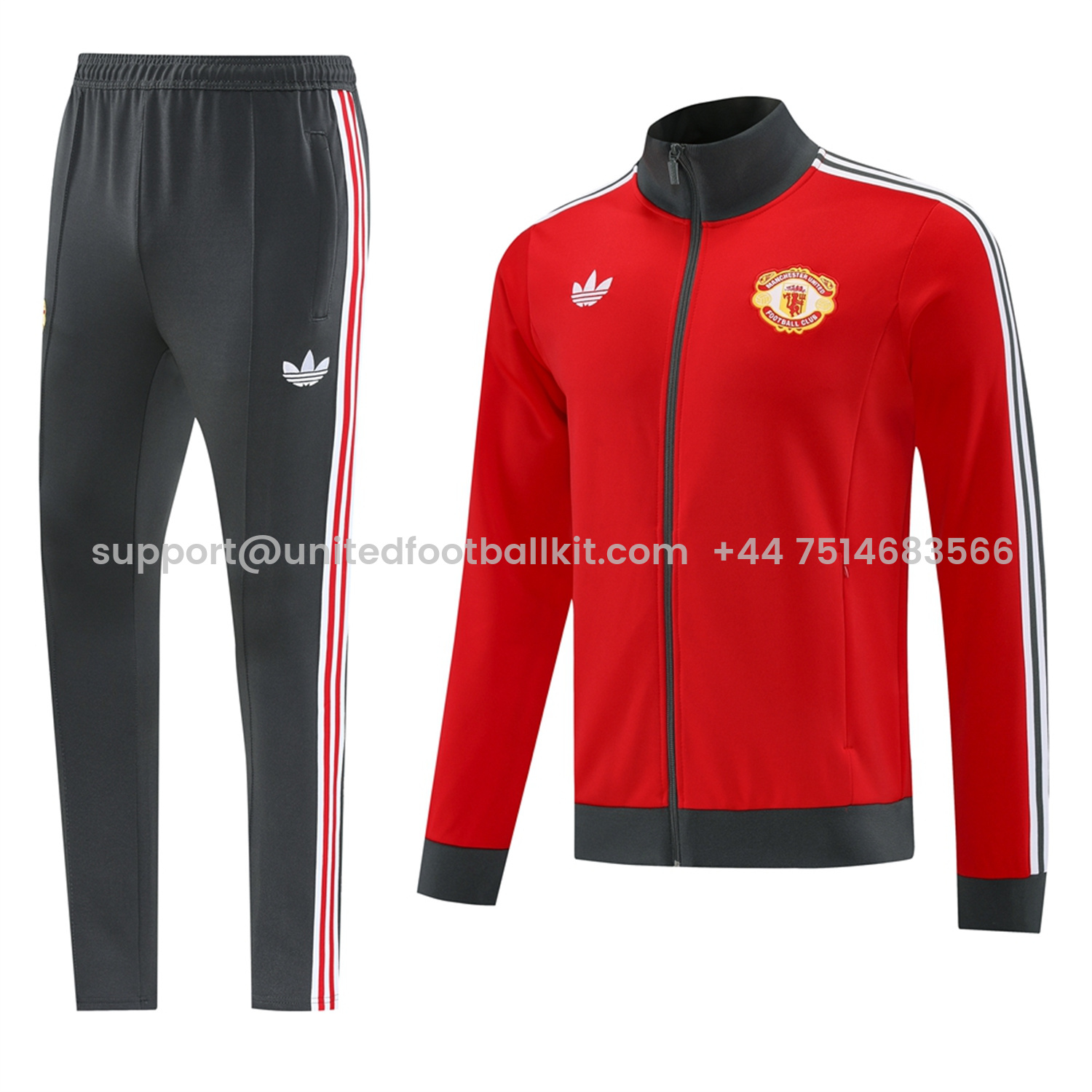 Unitedfootballkit.com | Manchester United 24-25 Throwback Jacket Training Tracksuit - Red Jackets & Grey Pants -Customize Name, Number and Patch | Worldwide Shipping