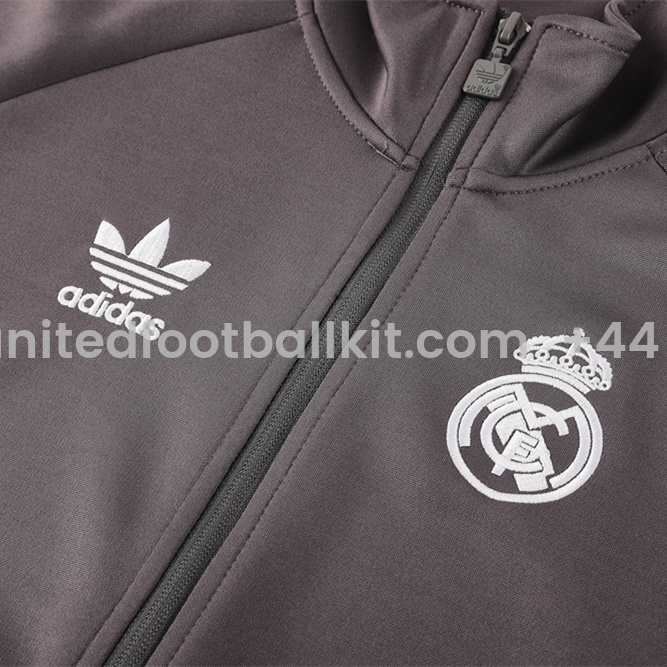 Unitedfootballkit.com | Real Madrid 24-25 Trefoil Vintage Jacket Training Tracksuit - Grey -Customize Name, Number and Patch | Worldwide Shipping