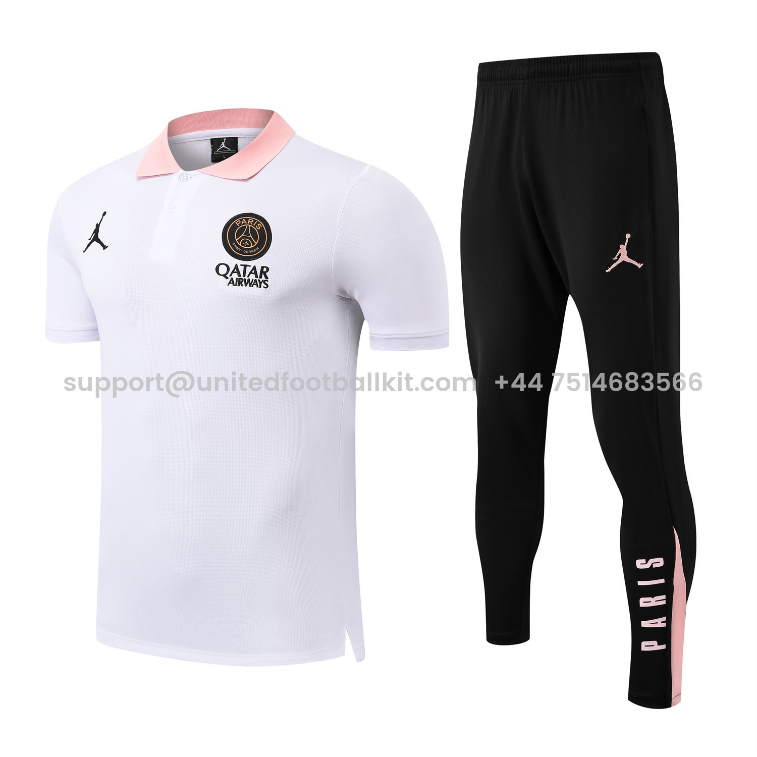 Unitedfootballkit.com | Paris Saint-Germain PSG 25-26 POLO Short-Sleeve Training Set - White Top and Black Pants -Customize Name, Number and Patch | Worldwide Shipping