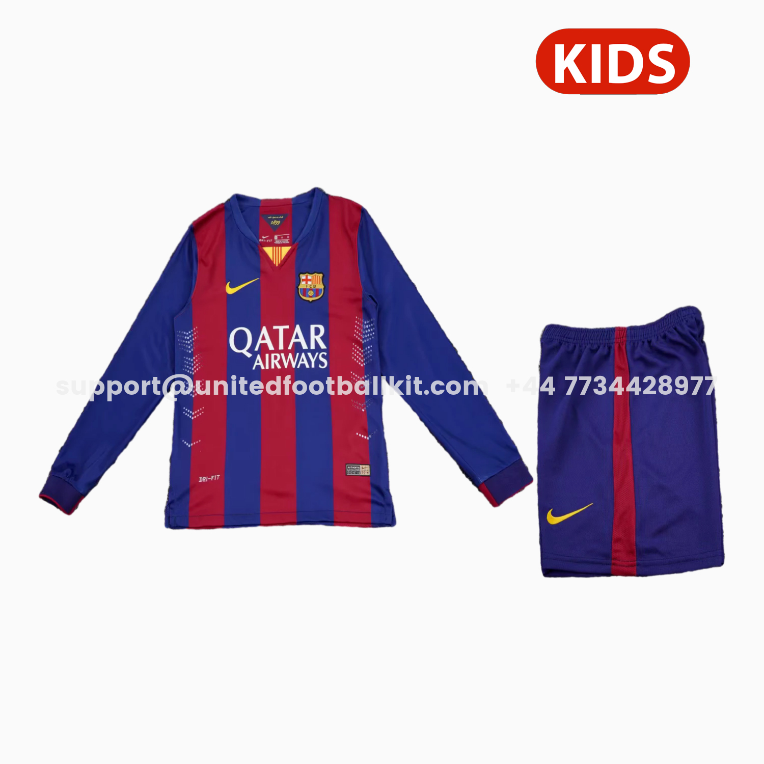 Unitedfootballkit.com | Retro Barcelona 2015-16 Home Long Sleeves Kids Kit -Customize Name, Number and Patch | Worldwide Shipping