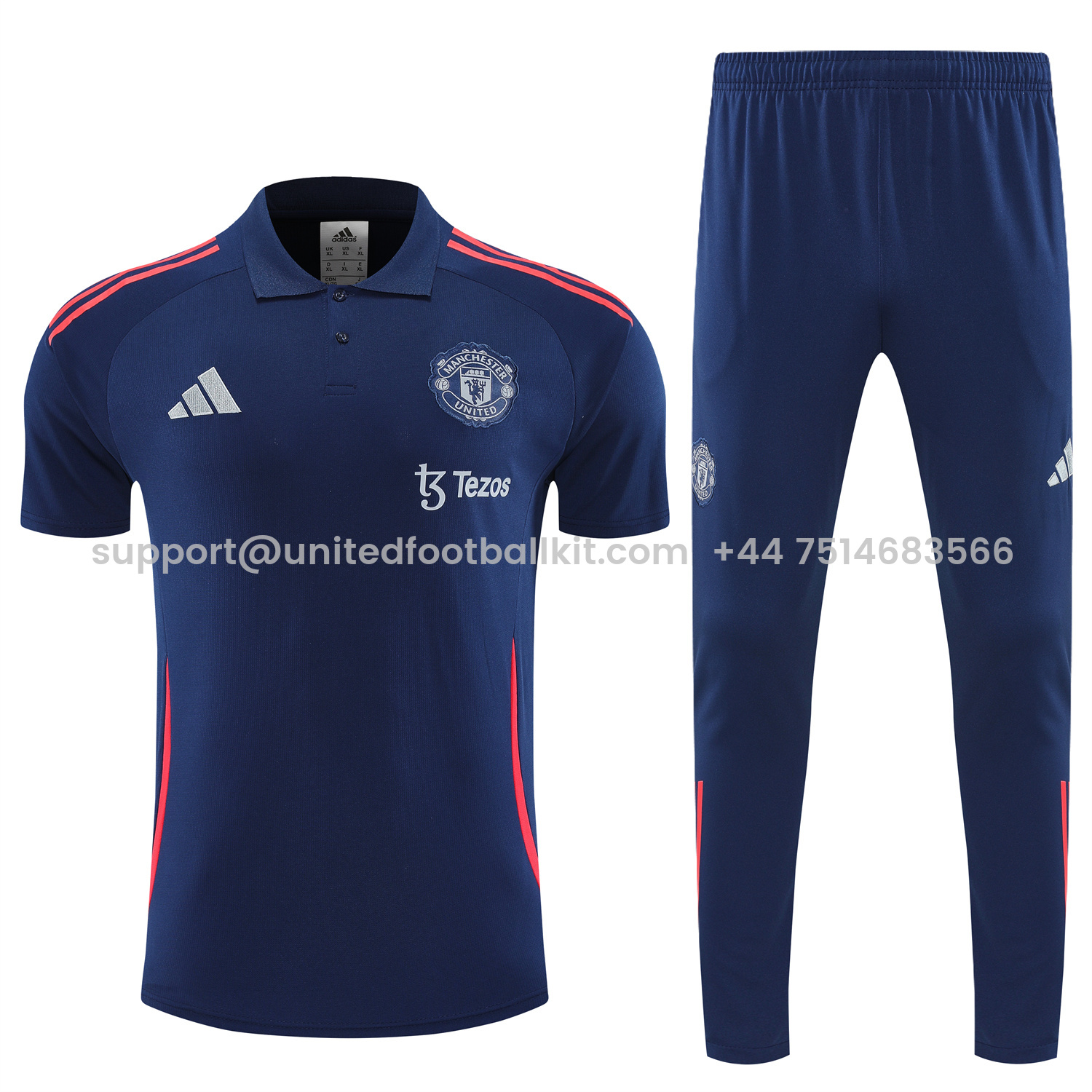 Unitedfootballkit.com | Manchester United 25-26 POLO Short-Sleeve Training Set - Deep Blue Top and Pants with Red Stripes -Customize Name, Number and Patch | Worldwide Shipping