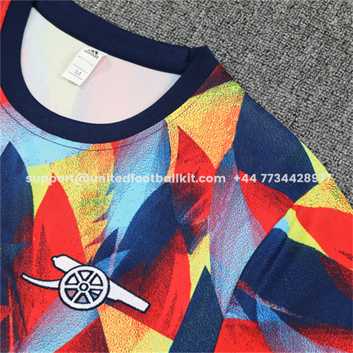 Unitedfootballkit.com | Arsenal 25-26 Kids Short-Sleeve Training Set - Colorful Camouflage Top & Blue Shorts -Customize Name, Number and Patch | Worldwide Shipping