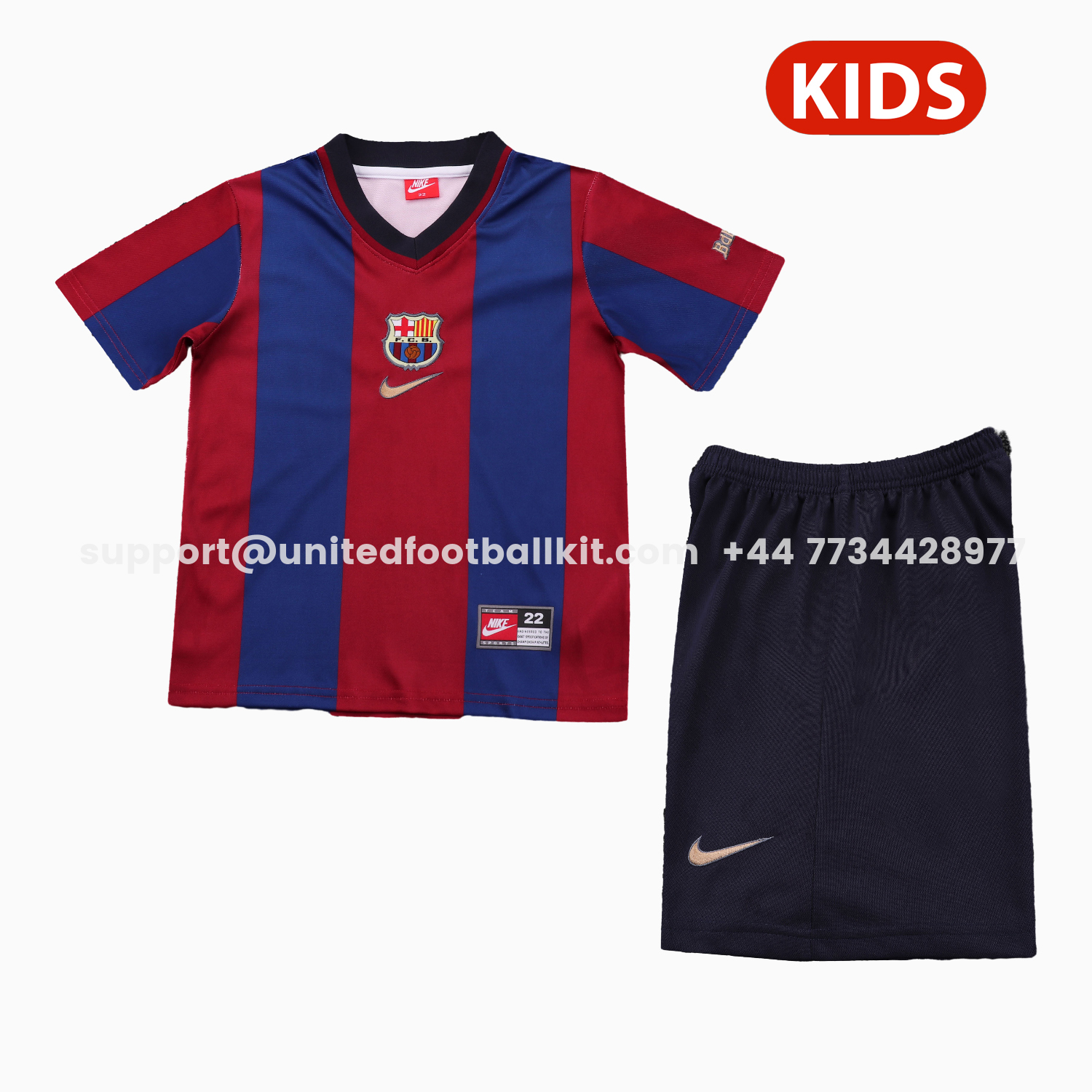 Unitedfootballkit.com | Retro Barcelona 1998-99 Home Kids Kit -Customize Name, Number and Patch | Worldwide Shipping