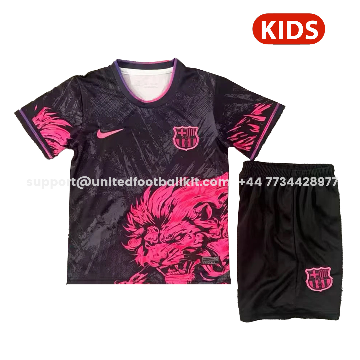 Unitedfootballkit.com | Barcelona 25-26 Pink Lion Black Special Kids Kit -Customize Name, Number and Patch | Worldwide Shipping
