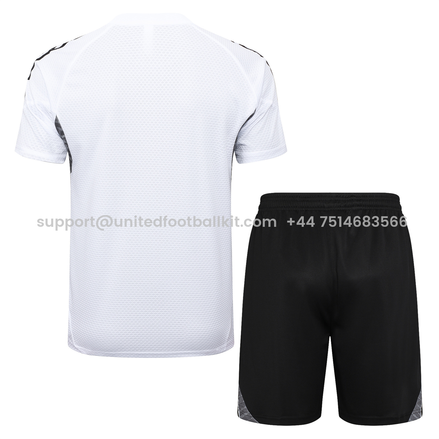 Unitedfootballkit.com | Real Madrid 25-26 Short-Sleeve Training Set - White Top and Black Shorts -Customize Name, Number and Patch | Worldwide Shipping