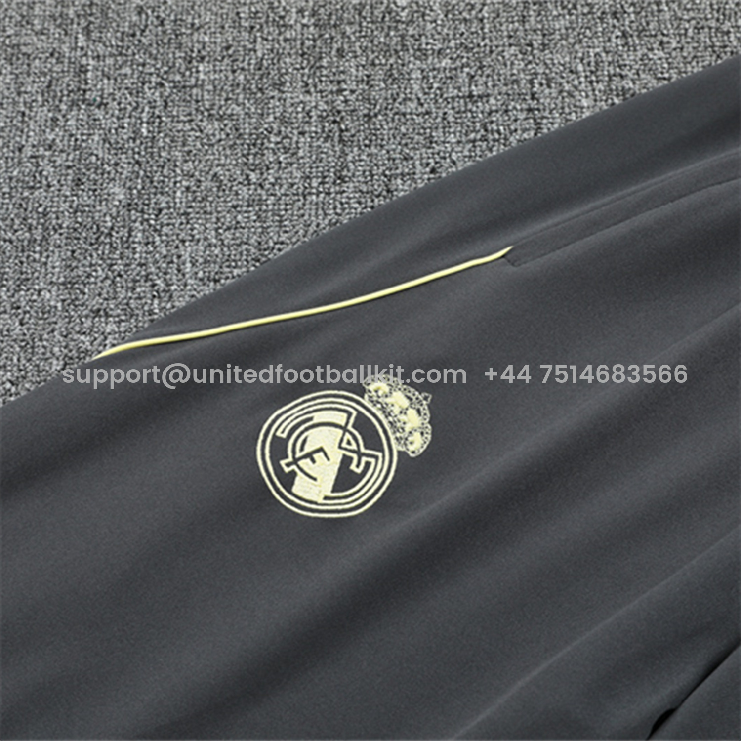 Unitedfootballkit.com | Real Madrid 25-26 Kid Long Sleeves Training Set - Yellow Top & Gray Pants -Customize Name, Number and Patch | Worldwide Shipping