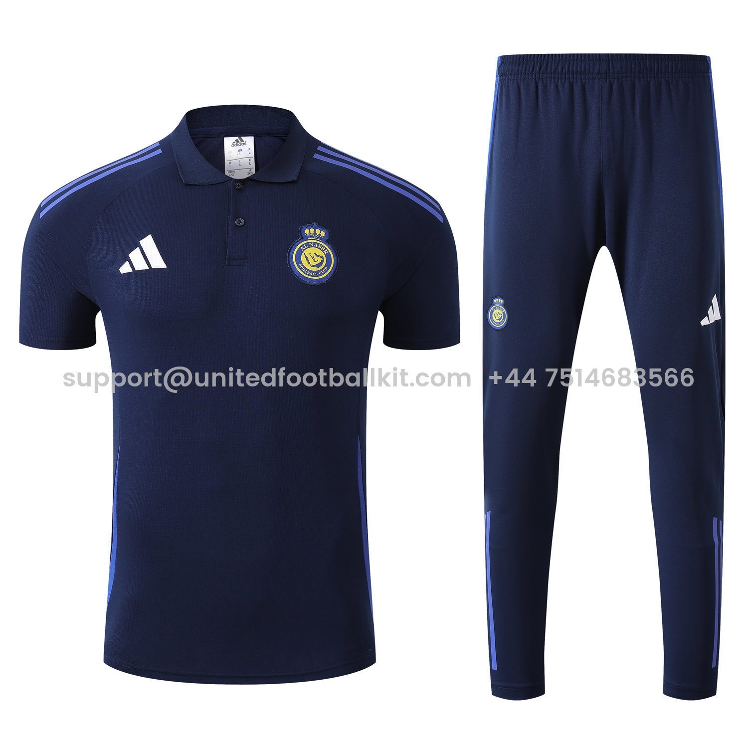 Unitedfootballkit.com | Al Nassr Riyadh Victory 25-26 POLO Short-Sleeve Training Set - Deep Blue Top and Pants -Customize Name, Number and Patch | Worldwide Shipping