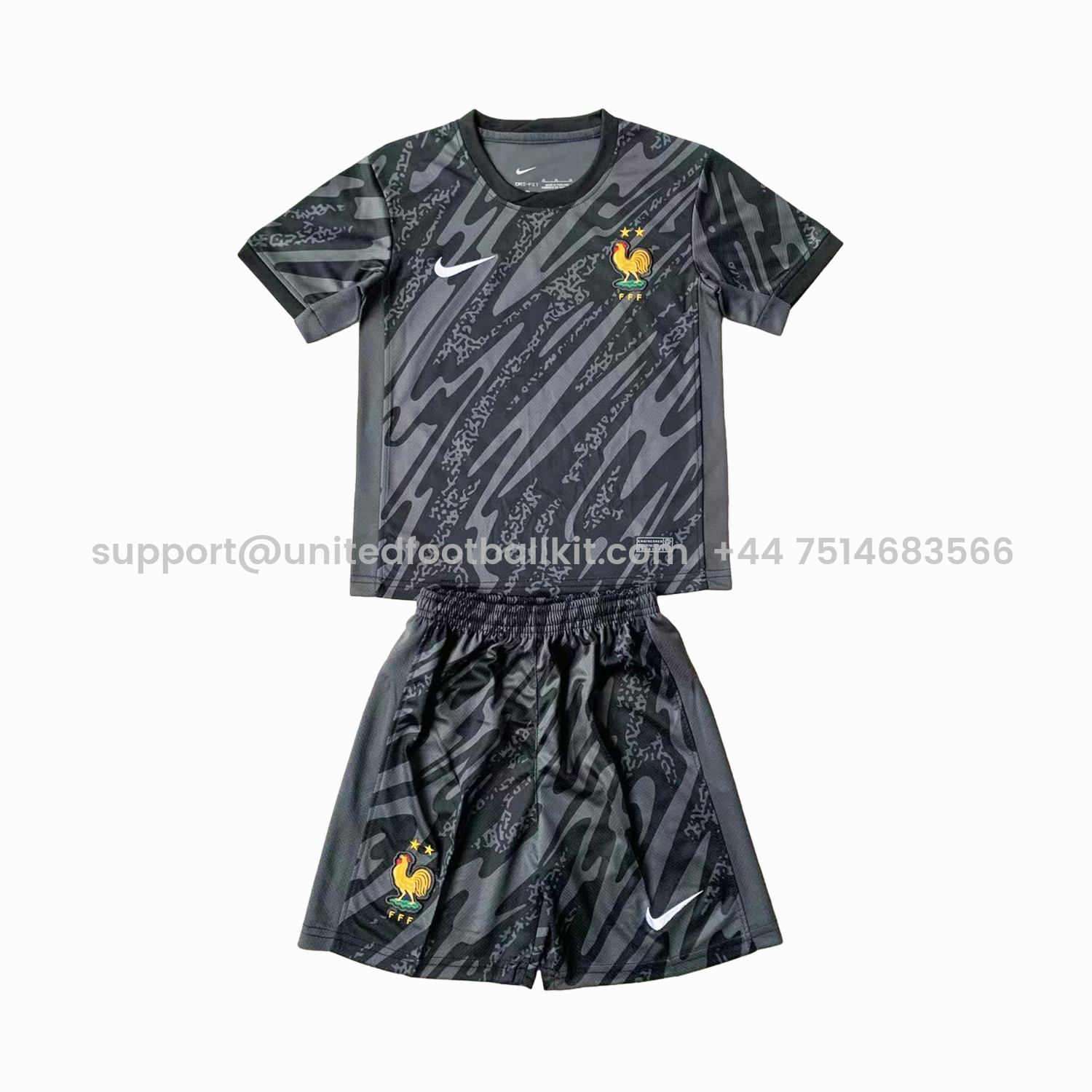 Unitedfootballkit.com | France 2024 Goalkeeper Kids Kit - Black -Customize Name, Number and Patch | Worldwide Shipping