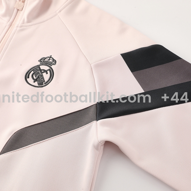 Unitedfootballkit.com | Real Madrid 24-25 Jacket Training Tracksuit - Light Pink Top and Black Pants -Customize Name, Number and Patch | Worldwide Shipping