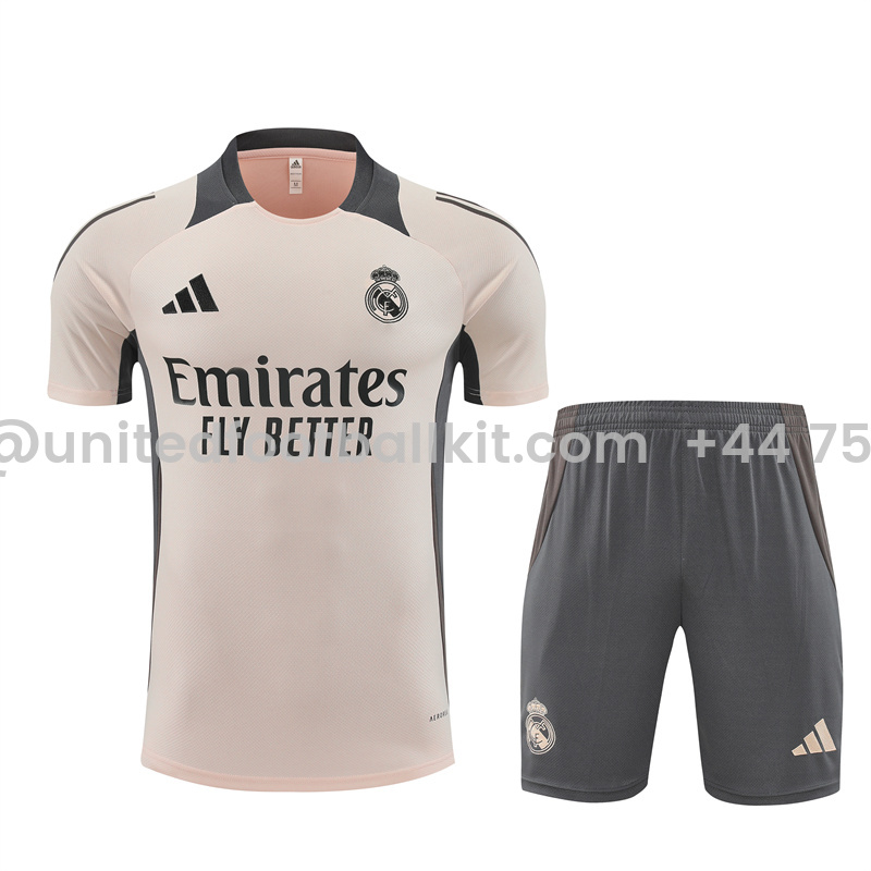 Unitedfootballkit.com | Real Madrid 24-25 Kids Short-Sleeve Training Set - Apricot -Customize Name, Number and Patch | Worldwide Shipping