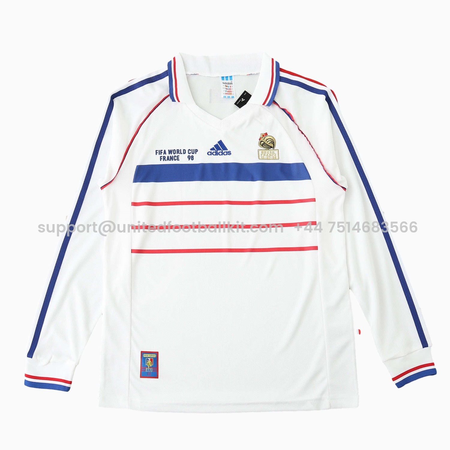 Unitedfootballkit.com | Retro France 1998 Away Long Sleeves Jersey (with 1998 World Cup mark on right chest) -Customize Name, Number and Patch | Worldwide Shipping