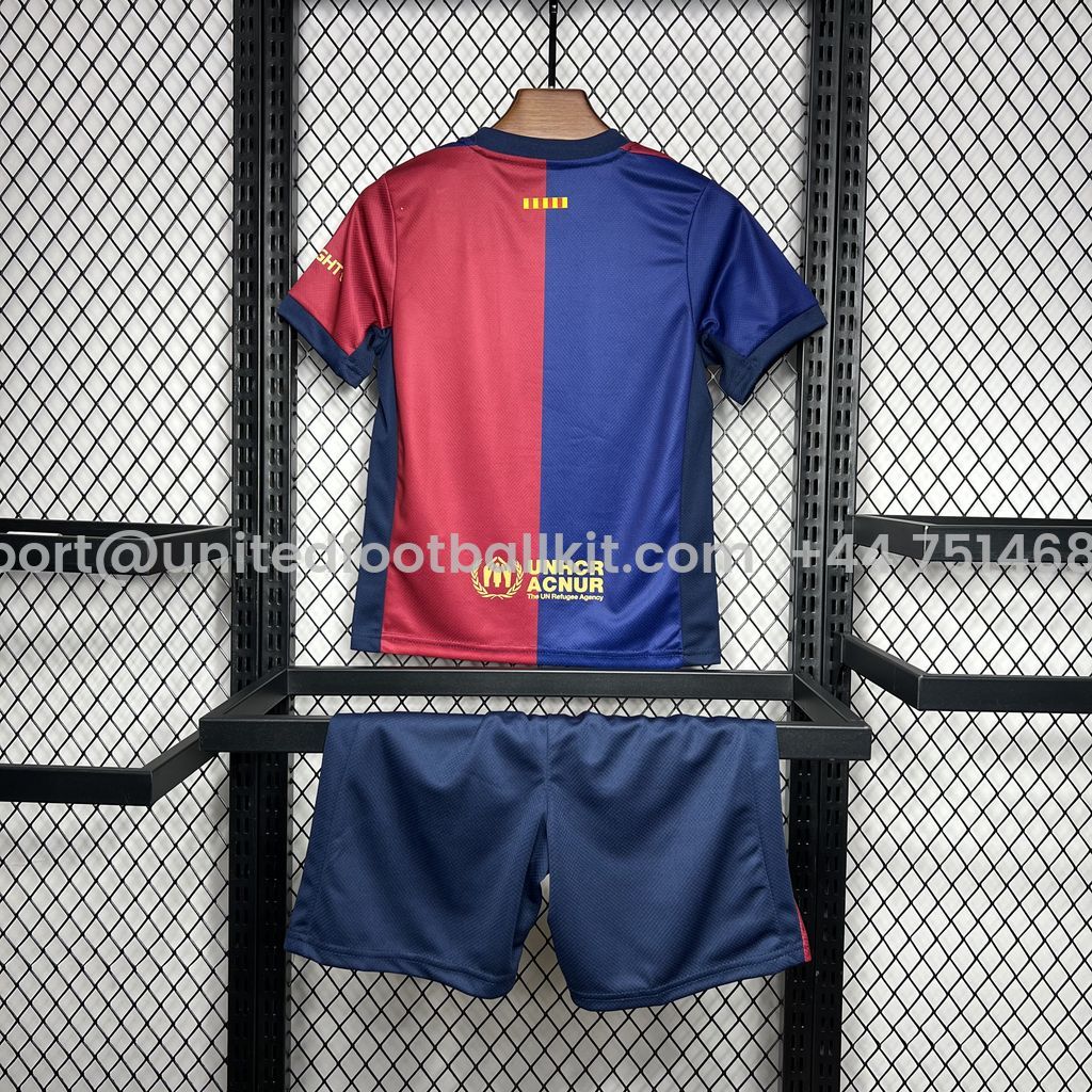 Unitedfootballkit.com | Barcelona 24-25 Home Stadium Kids Kit with Big Logo -Customize Name, Number and Patch | Worldwide Shipping