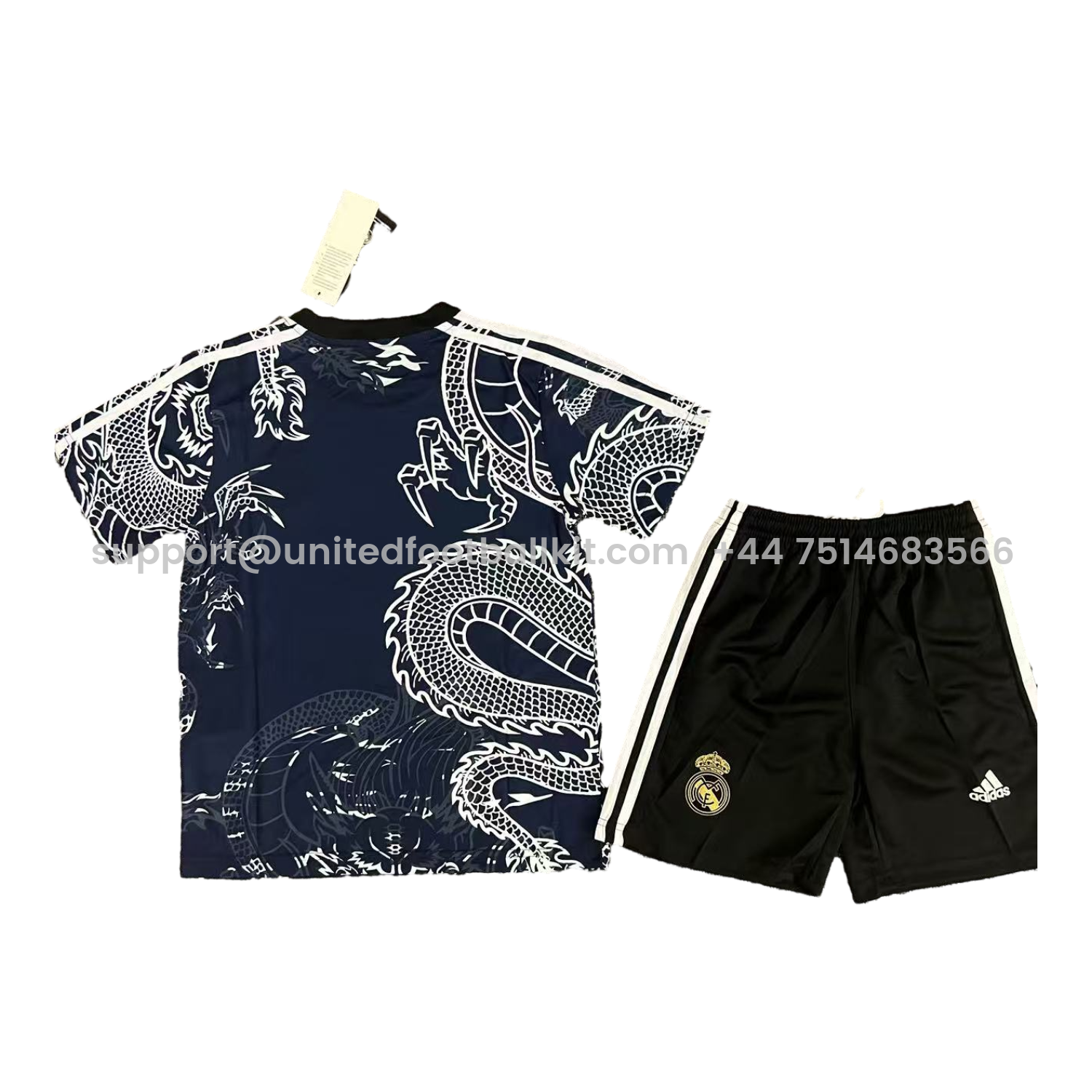 Unitedfootballkit.com | Real Madrid 25-26 White Dragon Black Special Kids Kit -Customize Name, Number and Patch | Worldwide Shipping