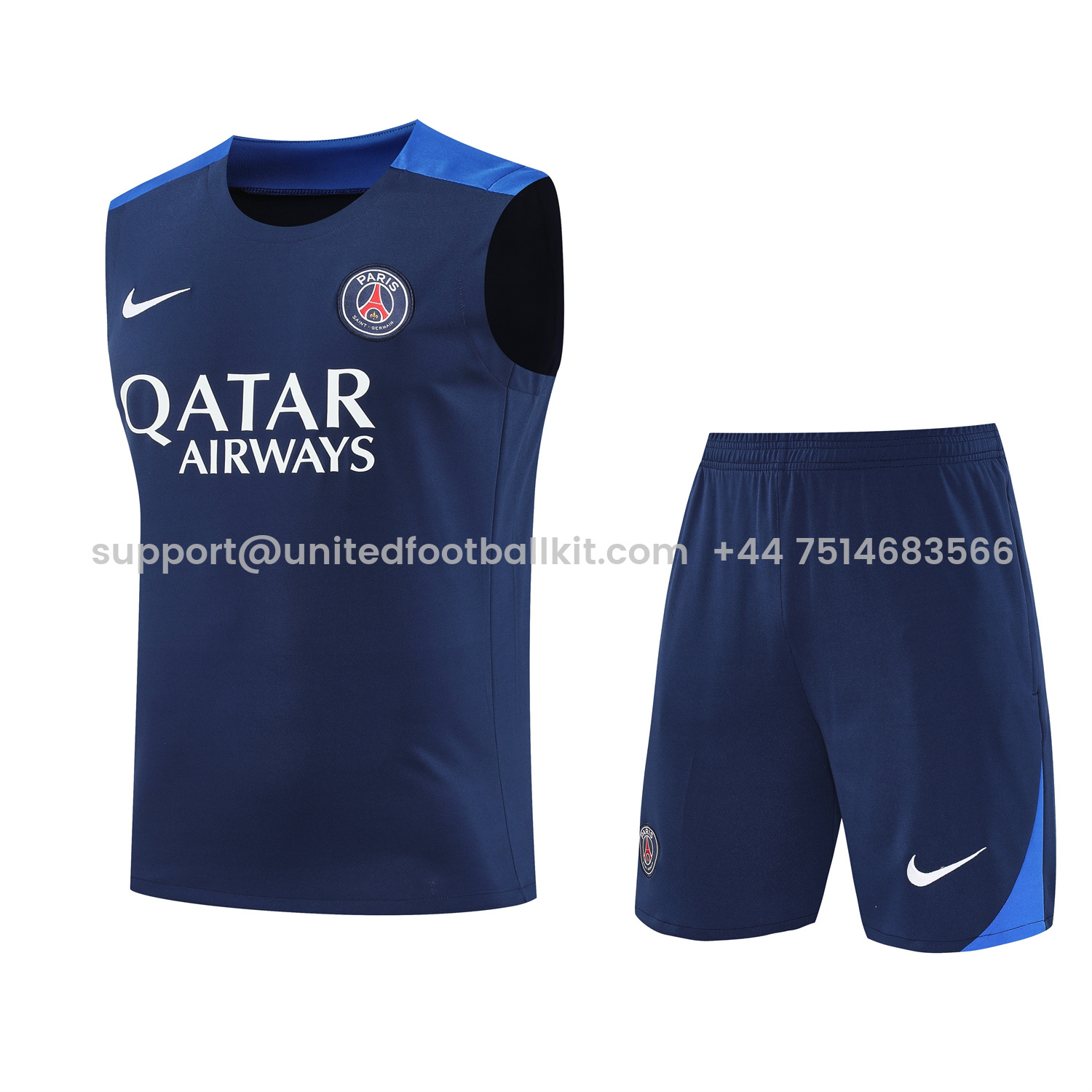 Unitedfootballkit.com | Paris Saint-Germain PSG 25-26 Vest Training Set - Royal Blue Vest & Royal Blue Shorts -Customize Name, Number and Patch | Worldwide Shipping