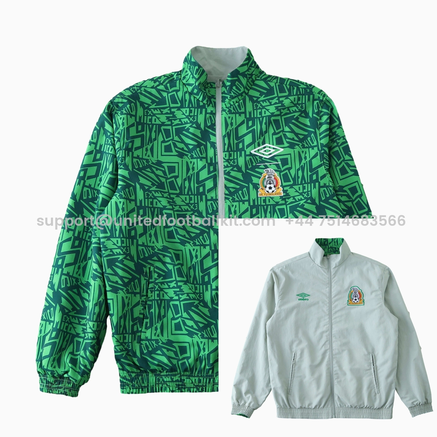 Unitedfootballkit.com | Retro Mexico 1994 Retro Style Double Sided Reversible Windbreaker - Green & Grey -Customize Name, Number and Patch | Worldwide Shipping