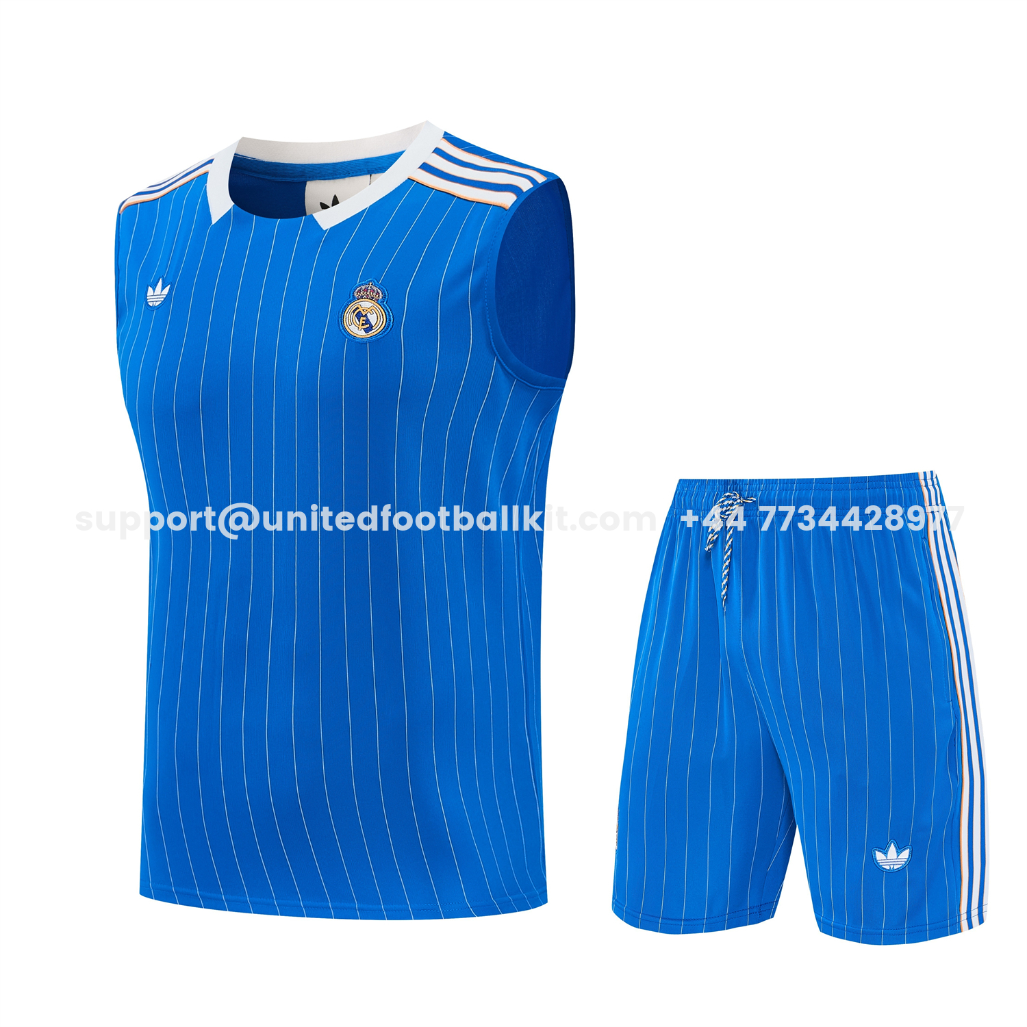 Unitedfootballkit.com | Real Madrid 25-26 Retro Style Vest Training Set - Blue With White Stripes Top & Pants -Customize Name, Number and Patch | Worldwide Shipping