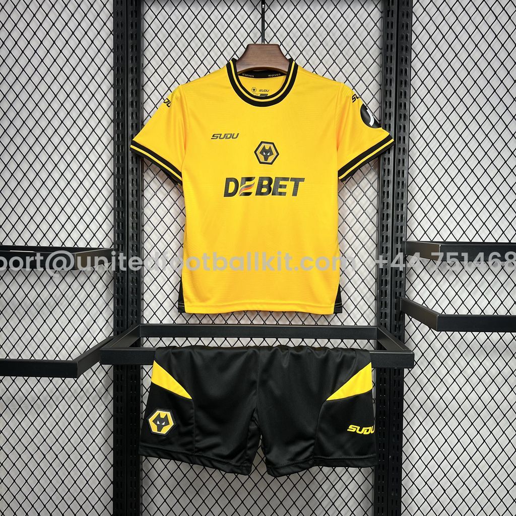 Unitedfootballkit.com | Wolverhampton Wanderers Wolves 24-25 Home Stadium Kids Kit -Customize Name, Number and Patch | Worldwide Shipping